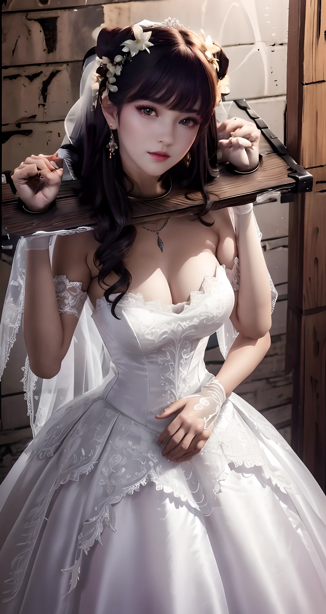 Close-up of a beautiful bride in a beautiful wedding dress, Gurvetz,( pillory:1.5), Flail on the head, Flail on the hands, Flail,(Bridal veil: 1.5), (Short transparent veil: 1.5), Flushed face, Head flower, head gear, (Tubular wedding dress: 1.5), (Silk dress: 1.2 ), (Strapless wedding dress: 1.5), Pure white dress, necklace, Earrings, (Huge breasts: 1.3), Deep V heart collar wedding dress, bangs, lipstick, (Lace gloves: 1.3), Full body photo, High detail RAW color art, a white long skirt, Whole body, with hands behind her back, and floor-length skirts,
