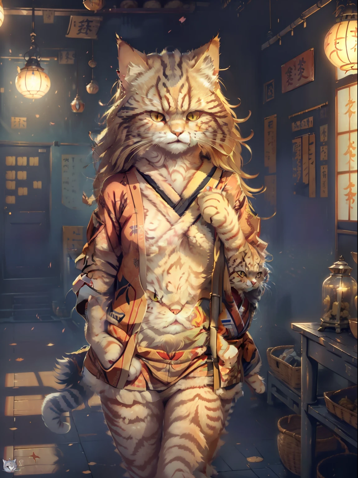 (cat photo(Japan cat, Manul, Siberian cat) a closeup, Walking through the school corridors:1.2), (c4ttitude:1.3),Realistic and intricate details, (Ambiguous:1.1), Baisho's Perspective, Wearing a bikini, Naughty gaze, Canny Smile; decent appearance, Graceful walking, Lighting by Chinese lanterns, Photorealistic, Hair all over the body, cat hand, cat paws, Cat tail