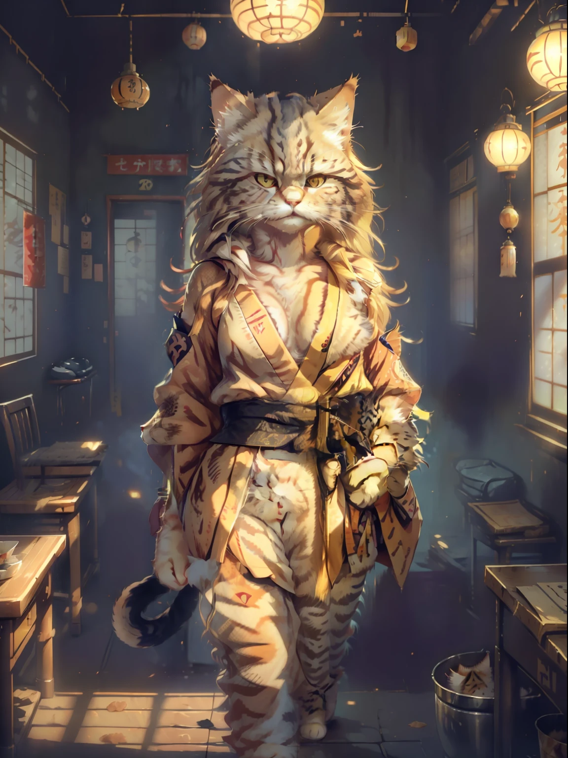 (cat photo(Japan cat, Manul, Siberian cat) a closeup, Walking through the school corridors:1.2), (c4ttitude:1.3),Realistic and intricate details, (Ambiguous:1.1), Baisho's Perspective, Wearing a bikini, Naughty gaze, Canny Smile; decent appearance, Graceful walking, Lighting by Chinese lanterns, Photorealistic, Hair all over the body, cat hand, cat paws, Cat tail