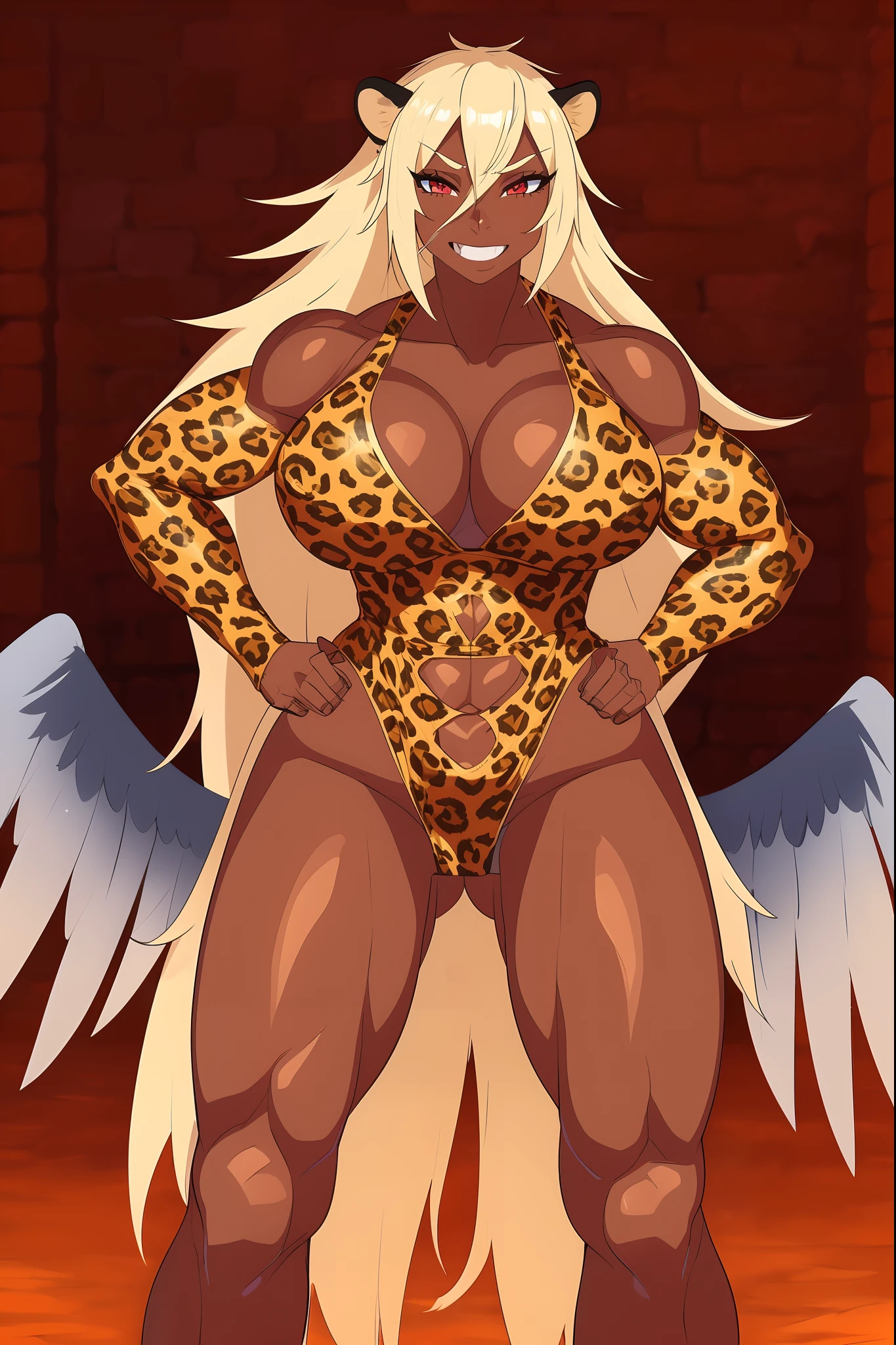 (blond hair,dark-skinned female),(musclegirl),(crazy smile),(barbarian),(revealing clothes),(long hair),(living hair),(red eyes),(full-body feat),(angel wings),(leopard clothes),(oil painting),(ultra-detailed),(:1.37),(portraits),(vivid colors),(warm color tone),(soft lighting)