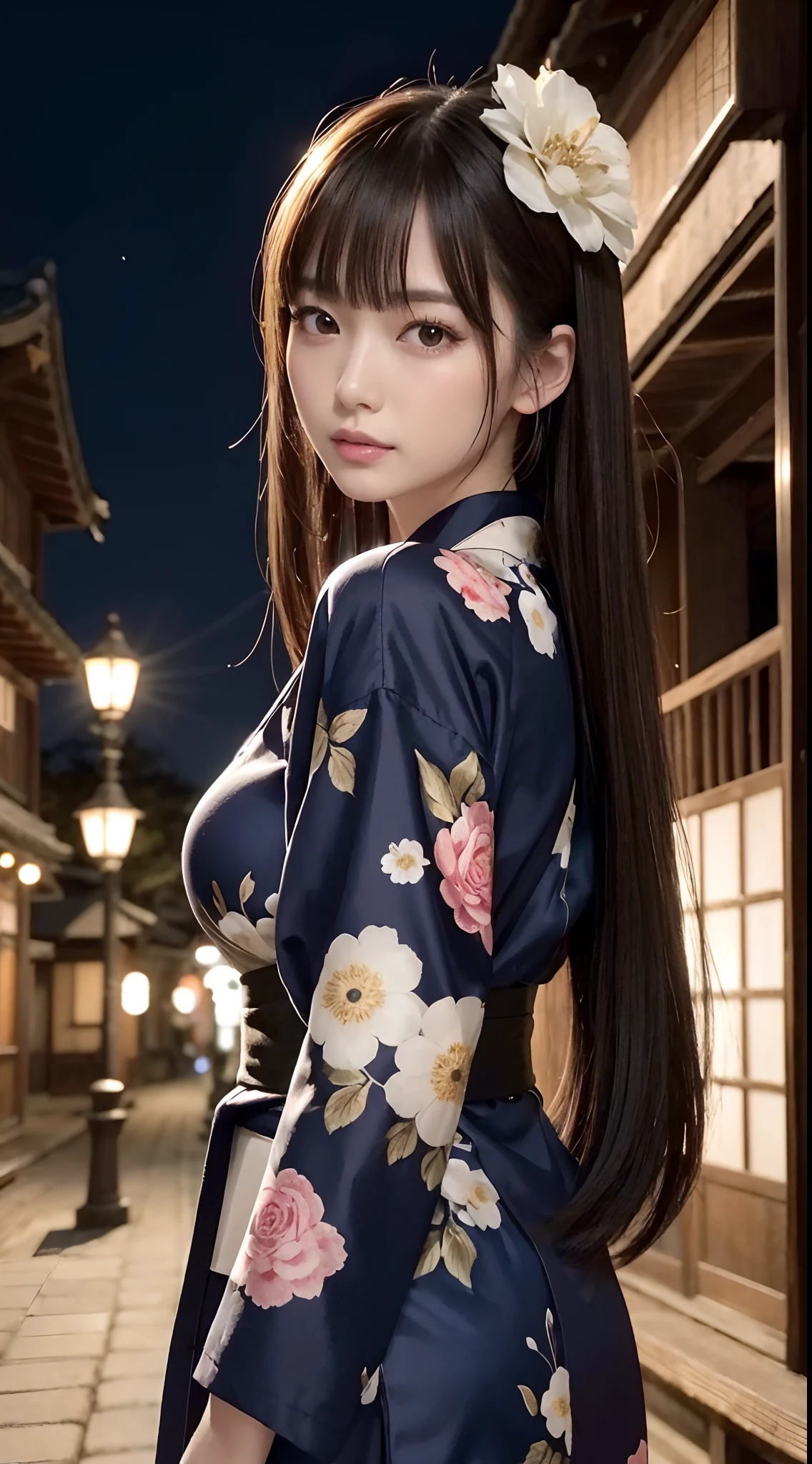 masutepiece、Best Quality、 ultra-detailliert、hight resolution、8K Wallpapers、Perfect dynamic composition,、Beautiful detailed eyes、Beautiful Large Breasts、24-year-old beauty、、top-quality、Brown hair、Pattsun bangs、Longhaire、Uptail、Grow hair in bunches from the back of the head、Floral ornament on the head、a small face、heavy eye makeup、eyeshadows、Cool Beauty、Komono、Kimono、Blue kimono with floral pattern,,,,,,,,,,,,,,,,,,,,,,,,,,,,,,,,,,,,,、,,,,,,,,,,,,,,,,,,,,,,,,,,,,,,,,,,,,,,,,,,,,,、Beautiful girl splattered with blood、A slender、slender、big breasts thin waist、Holding a Japan sword、Japan holding a sword、holding swords、Samurai、Smiles、Keep your mouth shut、back turned、Castle town at night、Moon Night、natta、Transcendental tranquility、Hair fluttering in the wind、Super detailed illustration、Raw photography、film grains、Deviantart Trends、