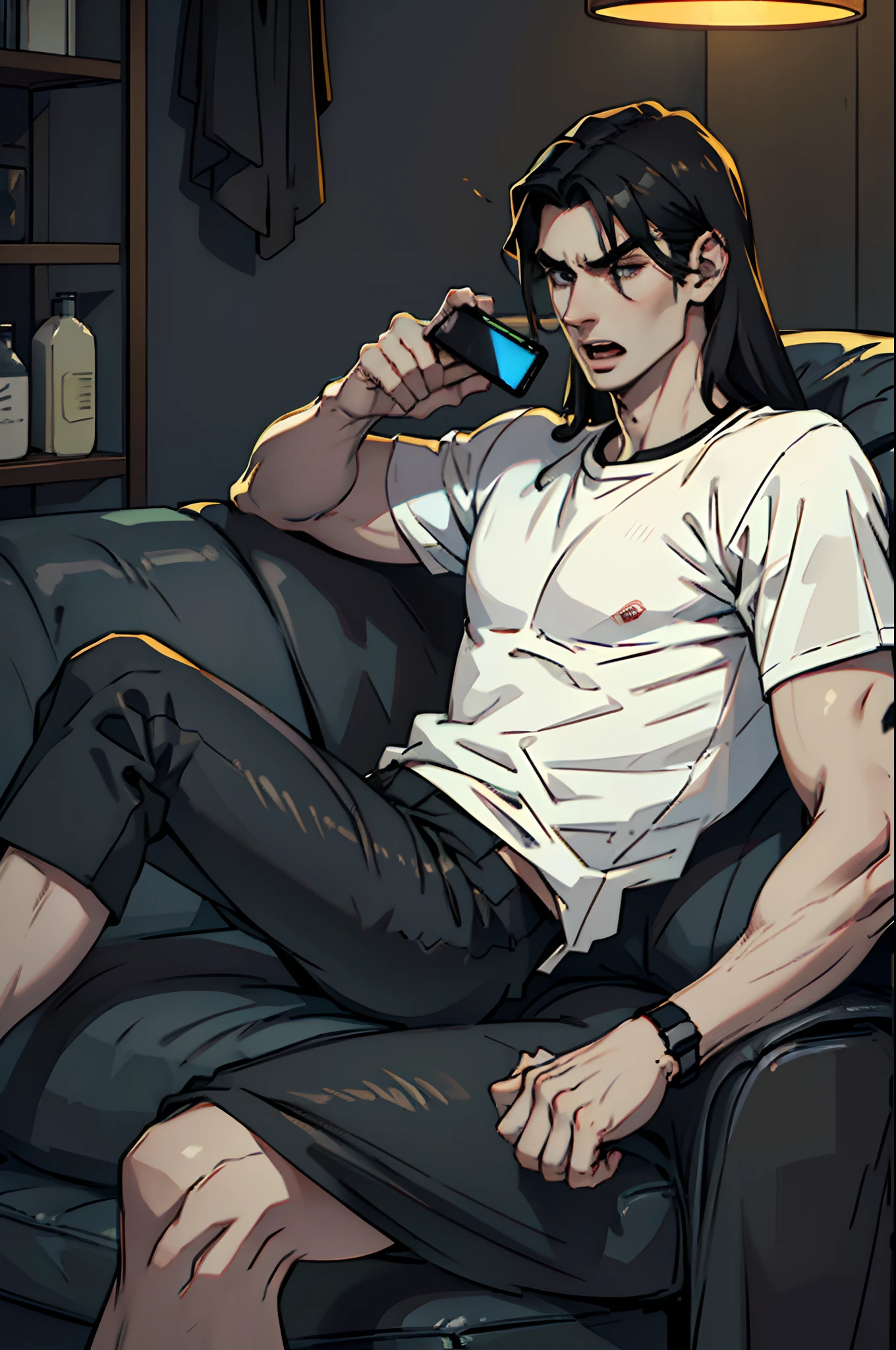 Tall man, pale skin, long straight black hair, black clothes, attractive face, black t-shirt, black pants, alking on a cell phone, open mouth talking, on a cell phone call, sitting on the sofa, naughty face