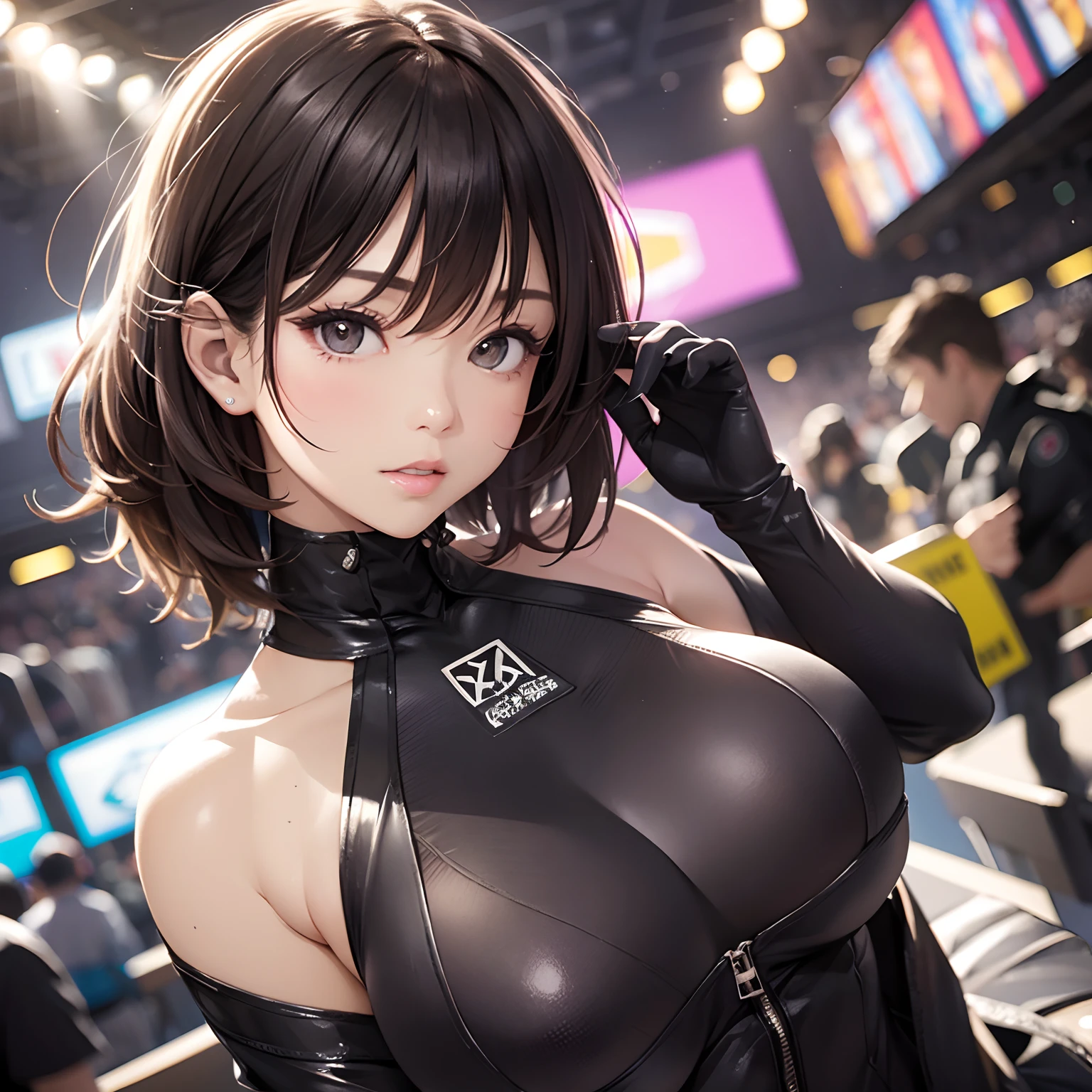 8K,​masterpiece, bset quality,Colossal tits、（1girl in）、((Pit Girl Suit))、shinny skin、Shiny big、dark-brown eyes、 ((top-quality))、 Crisp focus:1.2、Highly detailed facial and skin texture、A detailed eye、face perfect、perfect bodies、art by、nffsw、Blur the background、japanes、Big breasts with a strong presence、Circuit field、Blur the background、Cowboy Shot、