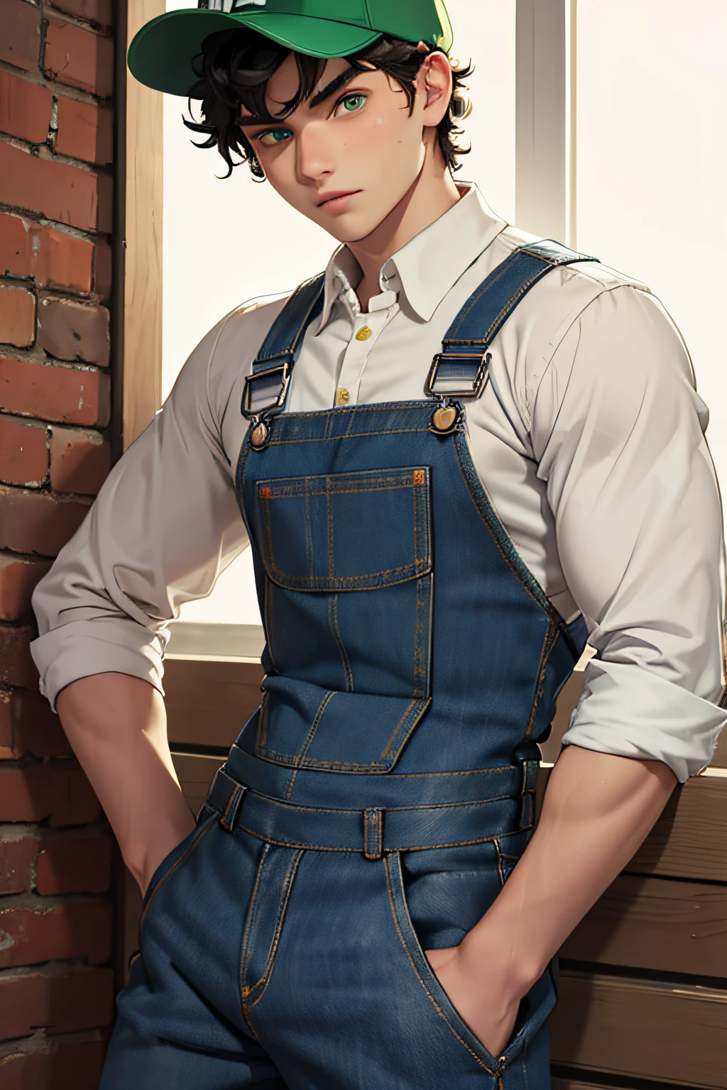 Handsome 17 year old man with white skin, green eyes, curly black hair, muscular body, has a blue denim overall, looking at the camera, seductive, looking at the viewer, has the mariobross hat on his head