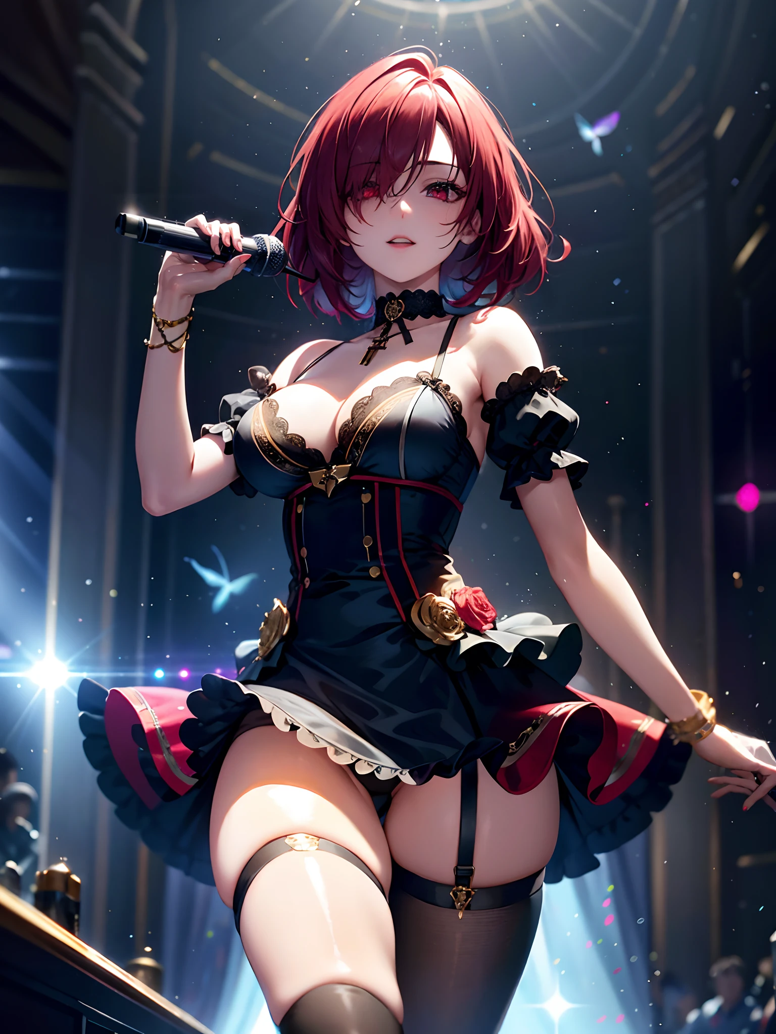 Illustration, movie light, high resolution, best quality, ultra detailed, detailed face, (detailed eyes), highest quality, super detail, masterpiece, (detailed face), pretty face, best smile, sexy mature woman, big breast, transparent (ta fashion: 1.5) cloth, ultra detailed embroidery, floating cloth, see-through, choker, open cross, high heels, red eyes, neon small shiny hair ends, D cups, cleavage, AI fantasy concert, glowing lighting with neon details, (singing holding the microphone with left hand: 15), Singing with butt sticking out: 5, Idol, (Live stage: 1.15) To the packed audience in the background, reflection of light, open shoulders, small glowing butterflies, adult woman, hair over one eye, red hair, gray eyes