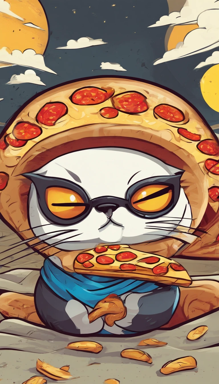 gato ninja come pizza muy gracioso con lentes de sol