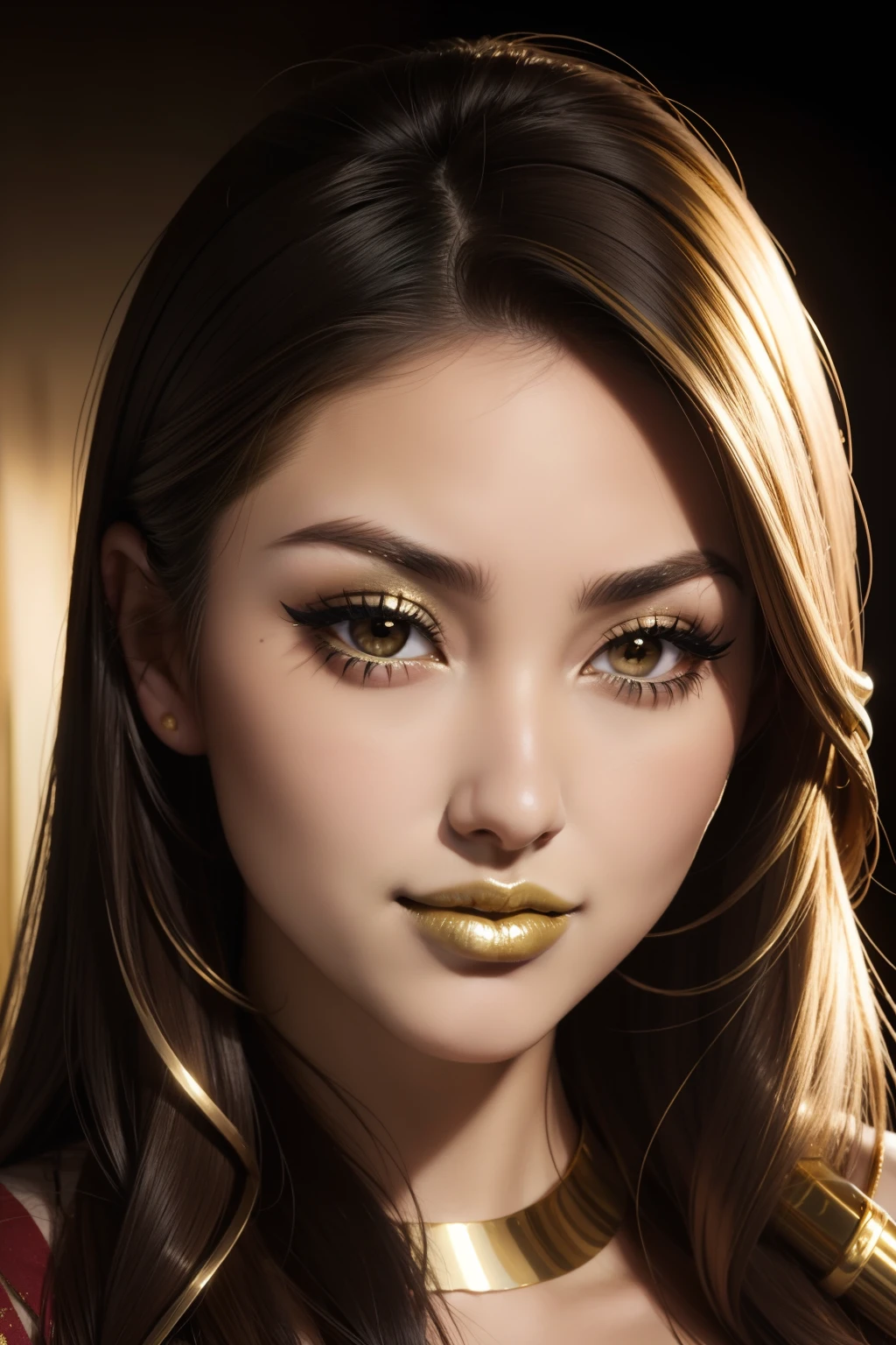 lucy pinder, face portrait, beautiful face, intense makeup, ((gold lipstick)) smiling, karen fukuhara