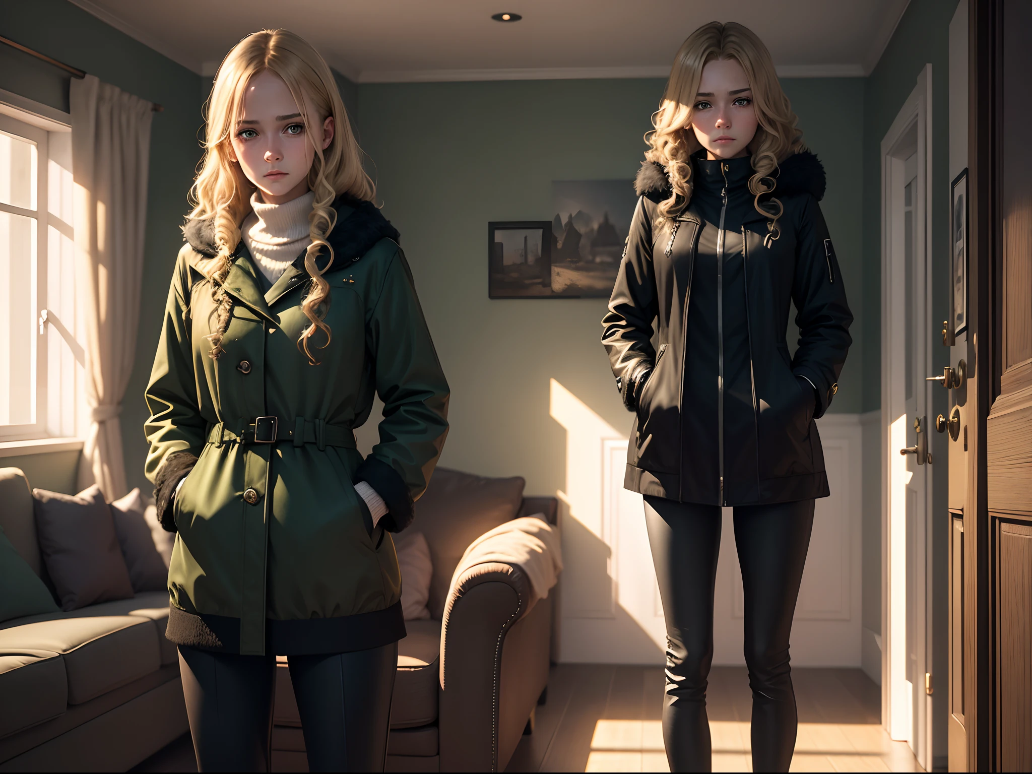 realistic, 8k image of a  girl, curly blonde hair, gorgeous, extremely detailed green eyes, dressed in a black coat and black pants, sad expression, looking down, standing in a living room of a German house, winter morning, anime style art