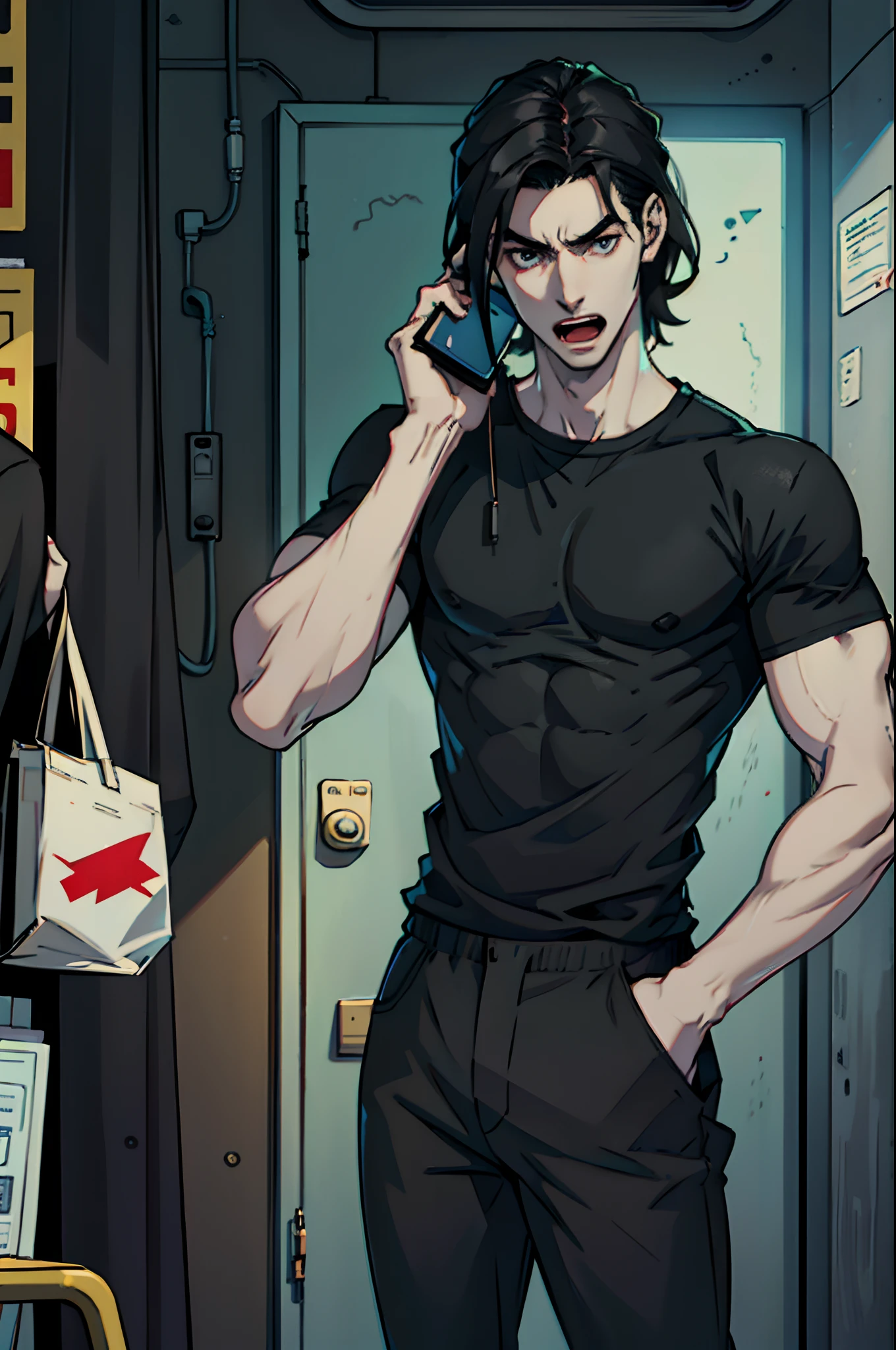 Tall man, pale skin, long straight black hair, black clothes, attractive face, black t-shirt, black pants, alking on a cell phone, open mouth talking, on a cell phone call, naughty face