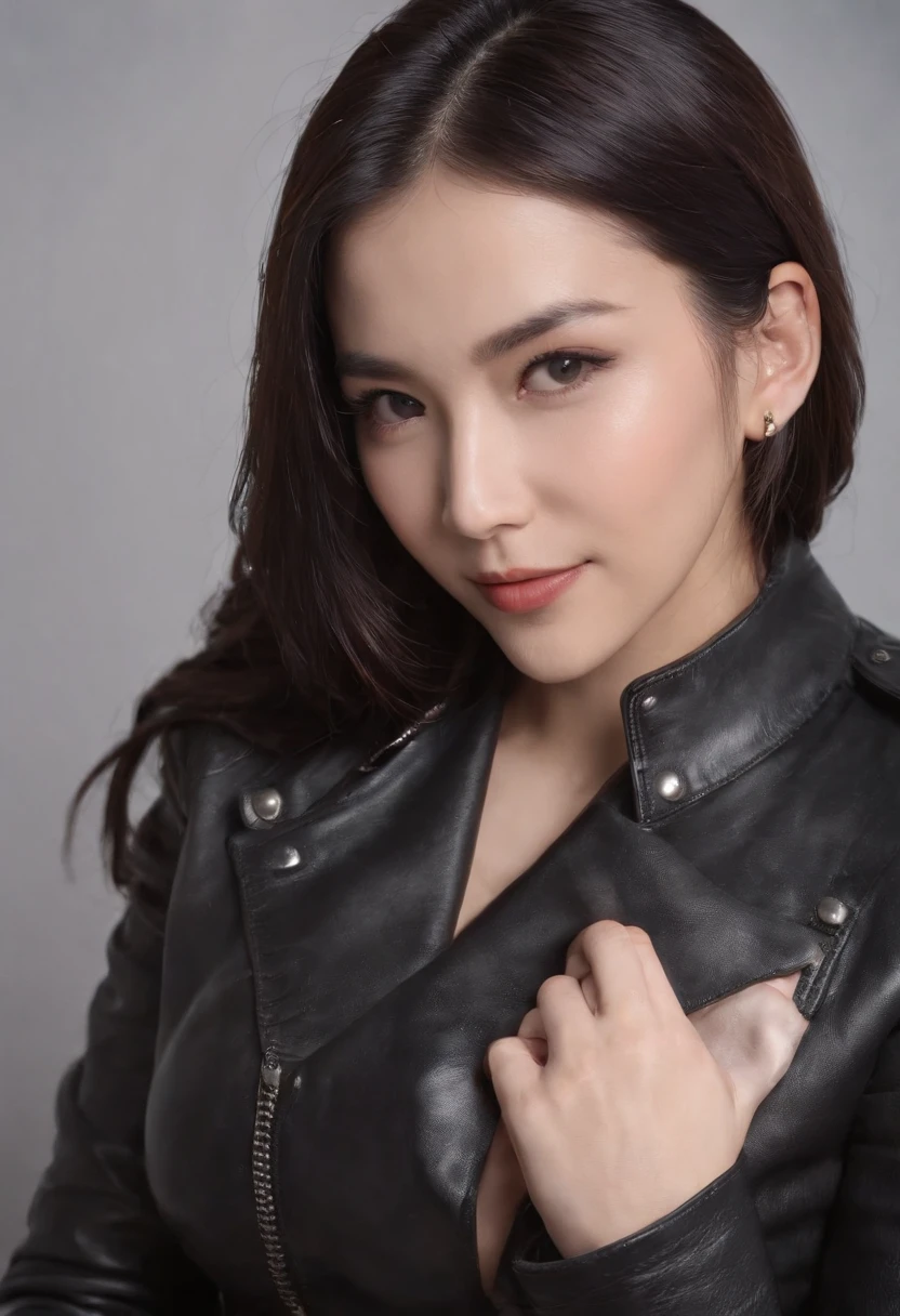 Wear black leather gloves on both hands, Upper body, Black leather rider jacket, Necklace on the chest, Smile in a modern study in the dark, black long straight hair, Young Japanese woman (Black leather gloves cover your hands) Fingers wearing black leather gloves, Sit in a leather chair, Work on a computer, Staring at the screen,huge tit,Crisp chest half exposed