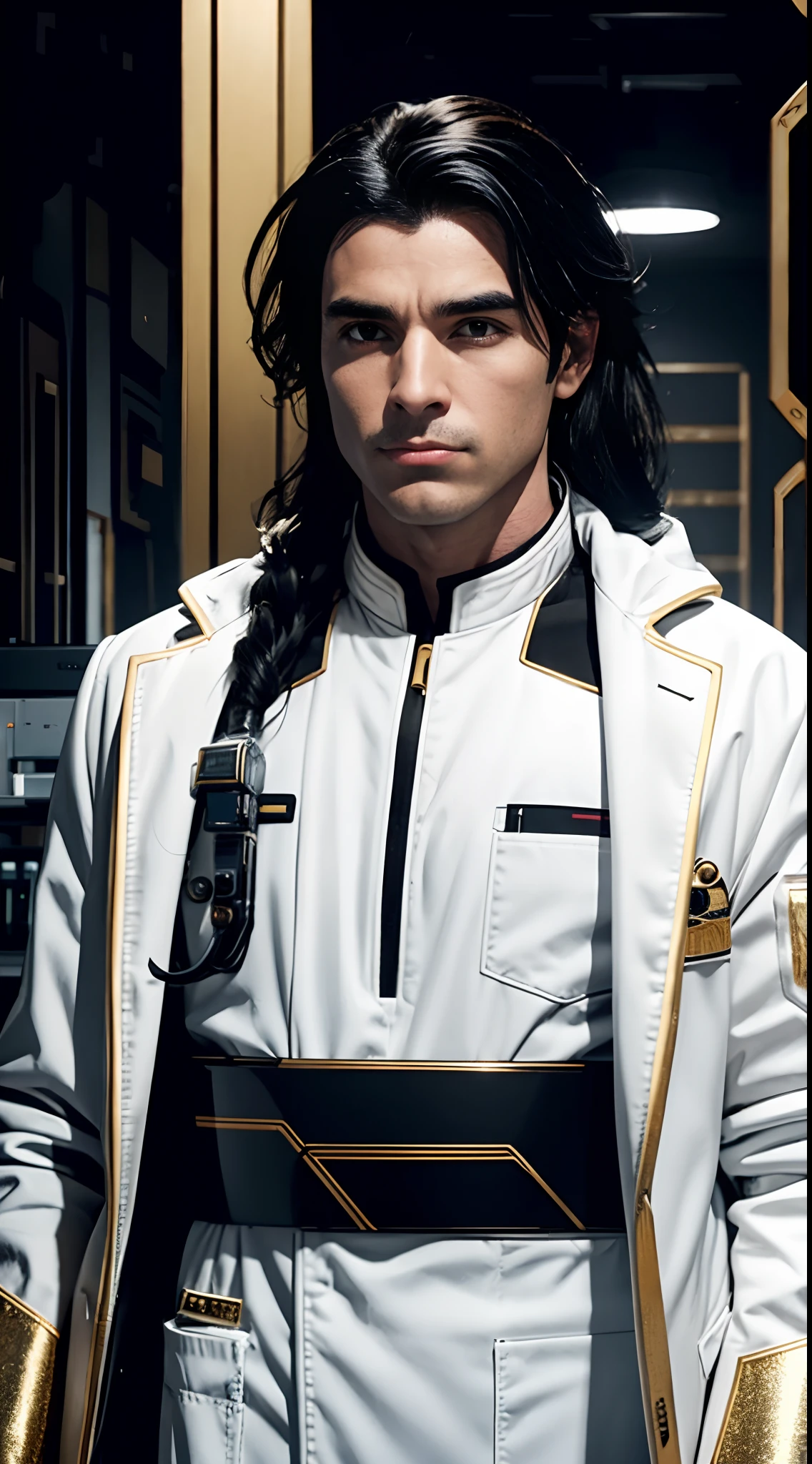 A male scientist with long black hair wearing a white coat with gold details