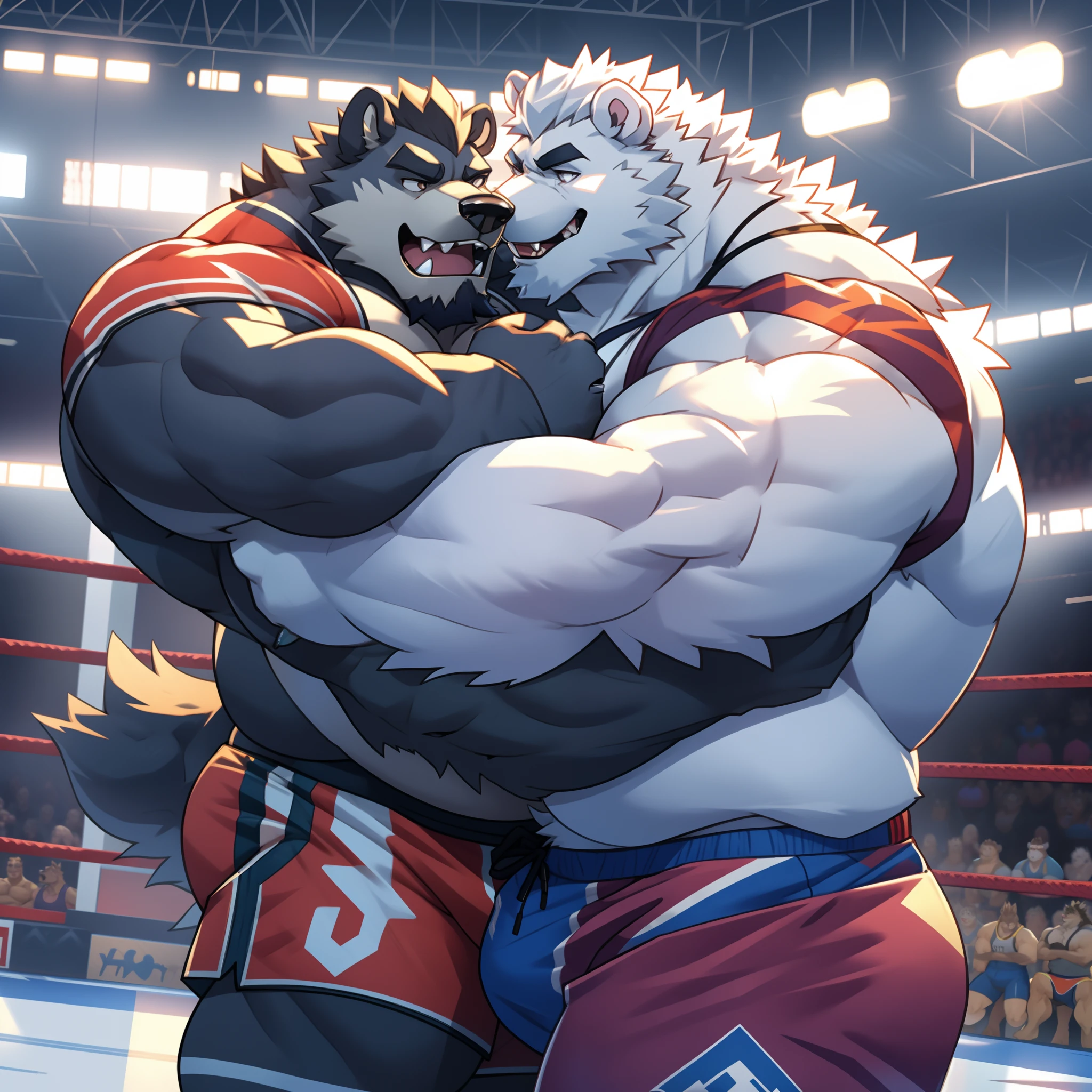 chubby muscular fluffy polar bear with a gray beard huge eyebrows and huge fangs and huge upperbody wearing wrestling trunks while grappling with chubby muscular fluffy boar with huge eyebrows and huge fangs and huge upperbody wearing wrestling trunks