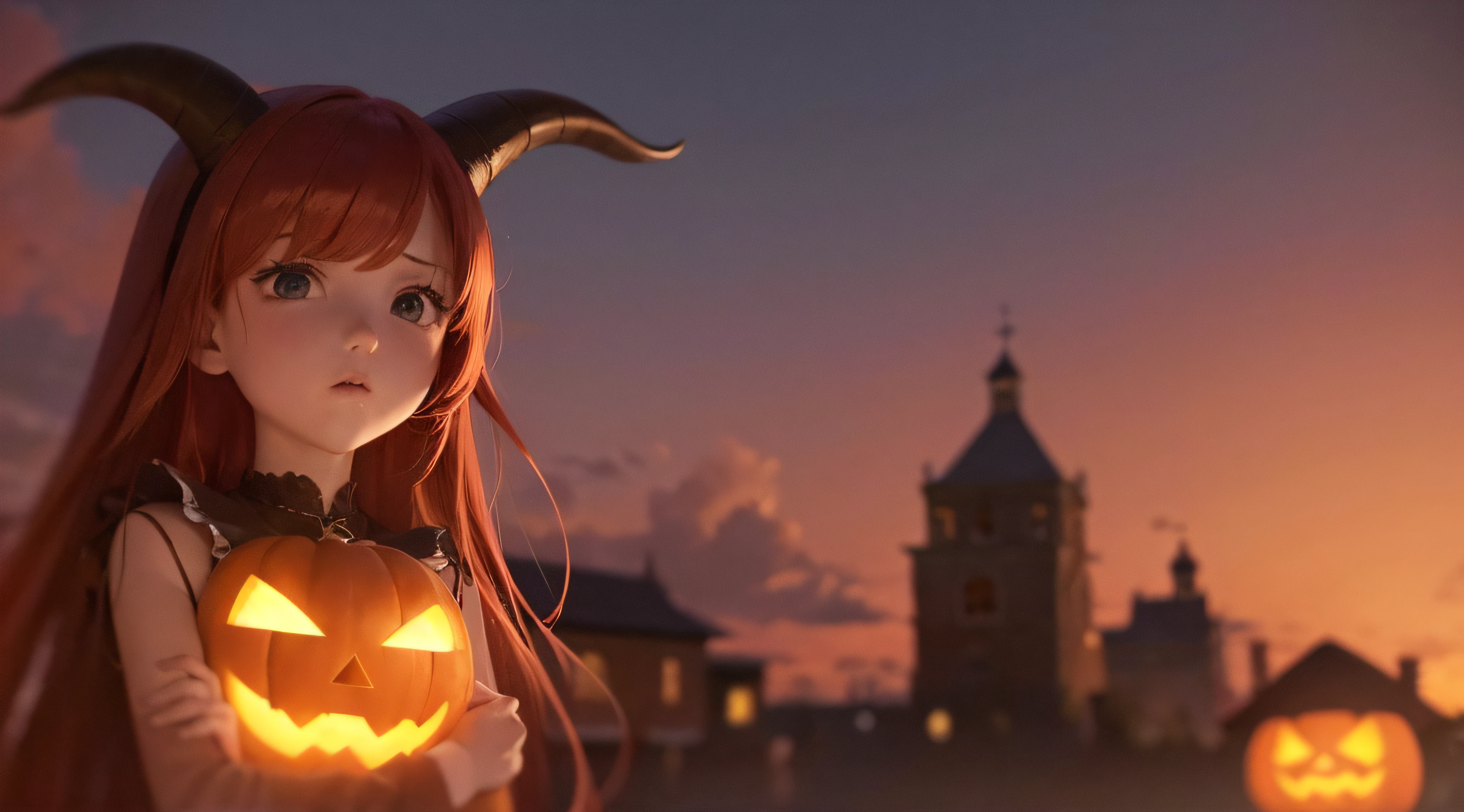 (obra prima) (perfection) (ULTRARREALISTA) (sem defeitos) Red-haired anime girl with horns on her head, 30 anos de idade, badass, Atmosfera de Halloween, Aboboras, triste, sangue, sangrar, castelo, noite, pouca luz, morcegos, ULTRARREALISTA