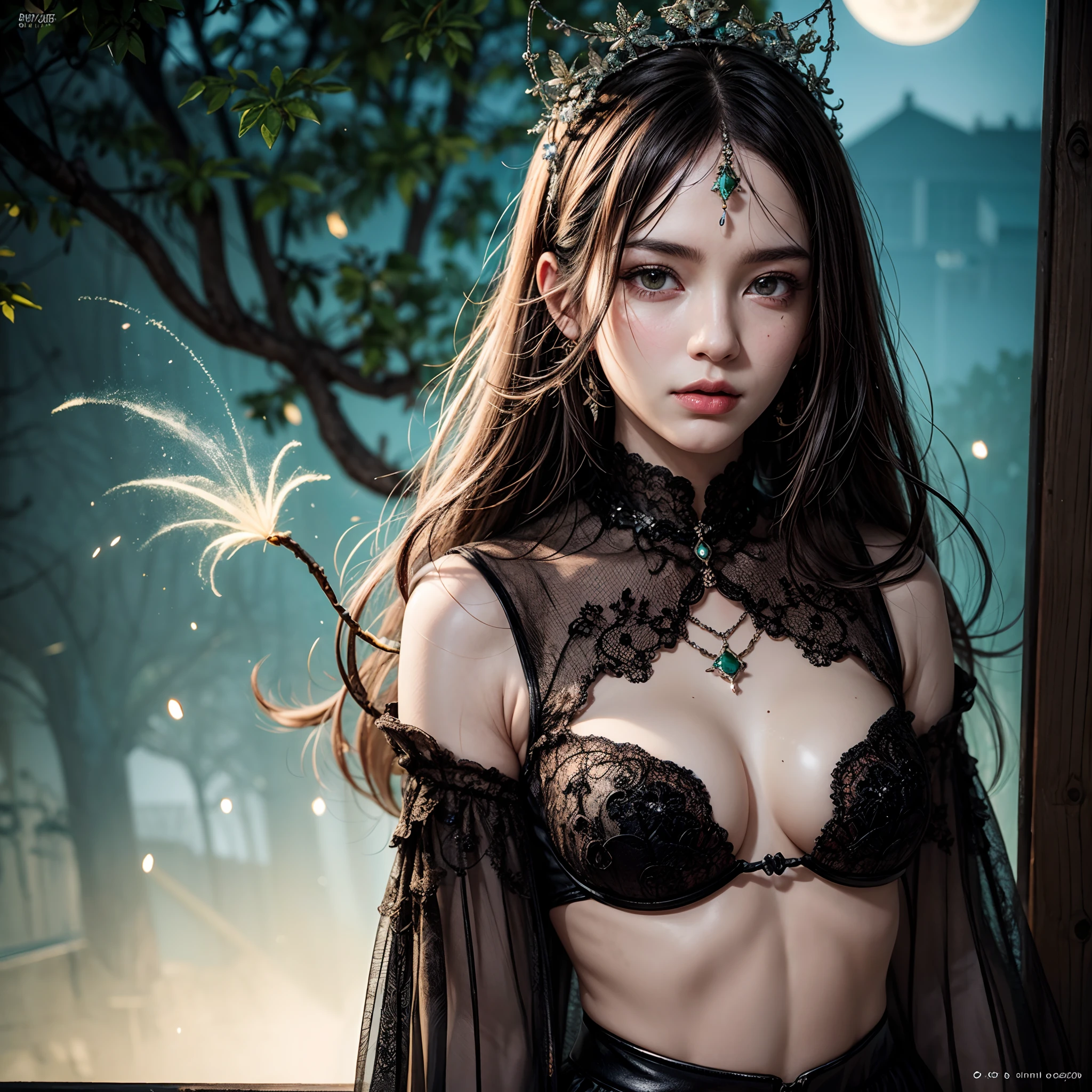 A beautiful woman, shin hanga, Highly detailed BD cover, oppai, highly [ Detailed ], 1 woman in,Helly flowers, tree, Solo, Aurora, Fireworks, long black hair, green eyes, fireflys, light_Particle, Pines_tree, Snowflake_Background, Milky_way, Aerial_Fireworks, Head dress, Arms behind the body, Smile, Face Focus,Photorealistic:1.4 detailed faces,Detailed eyes,Shiny skin,Full body,close up,looking for viewer, sexy pose, Close up, upper body, detailed face and eyes, detailed outfit, hand behind back,super fine hand,a beautiful witch in her alchemist room, BREAK working on her project with a steaming cauldron filled with green glowing smoke, against the backdrop of a fantasy night with a full moon and a view from the window, Emerald color dressed in a traditional witch outfit,BREAK,Detailed,Realistic,4k highly detailed digital art,octane render, bioluminescent, BREAK 8K resolution concept art, realism,by Mappa studios,masterpiece,best quality,official art,illustration,ligne claire,(cool_color),perfect composition,absurdres, fantasy,focused,rule of third