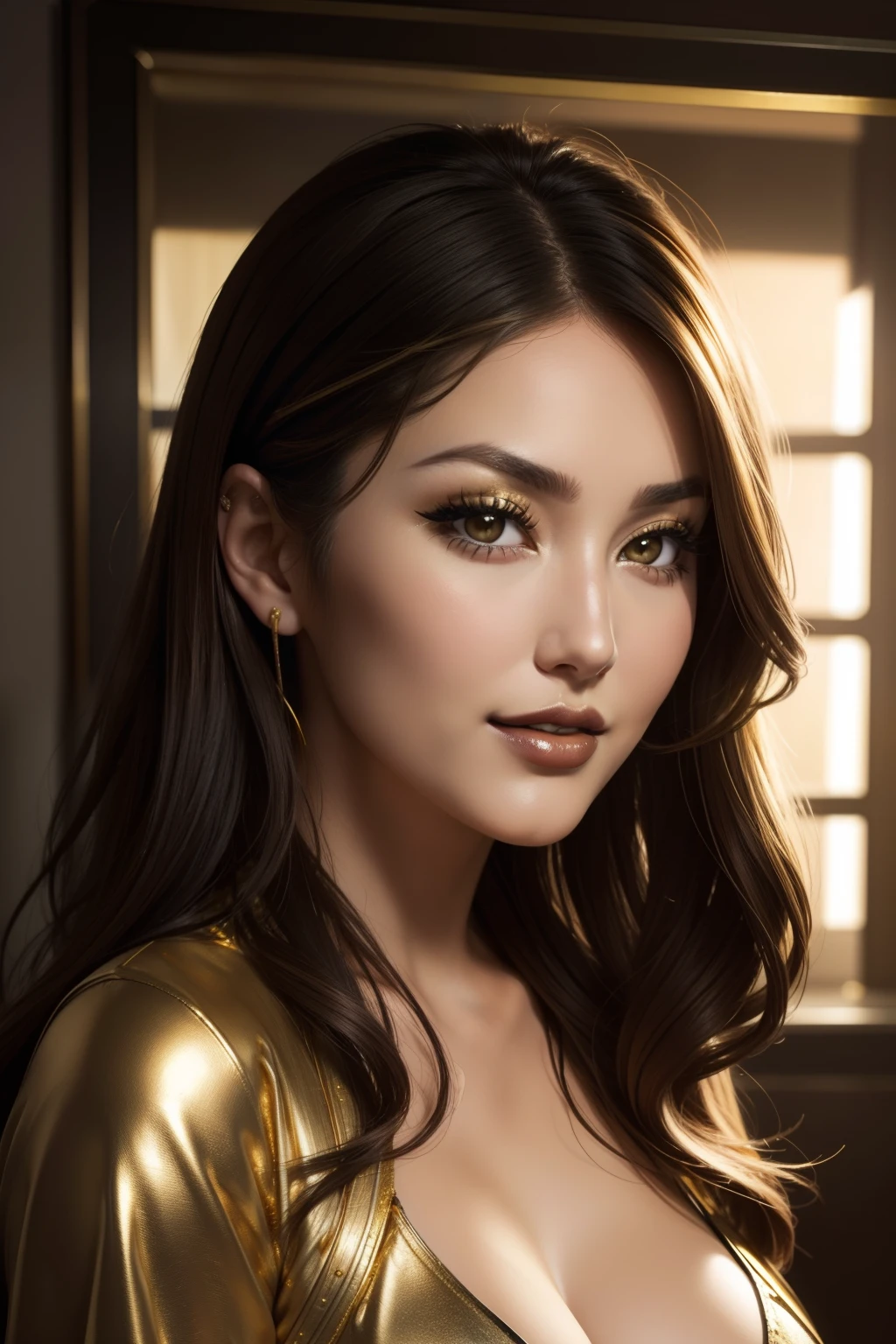 Lucy Pinder, Face portrait, Beautiful face, smiling, ((intense makeup)), ((Golden lipstick)) black hair, super cleavage, karen fukuhara