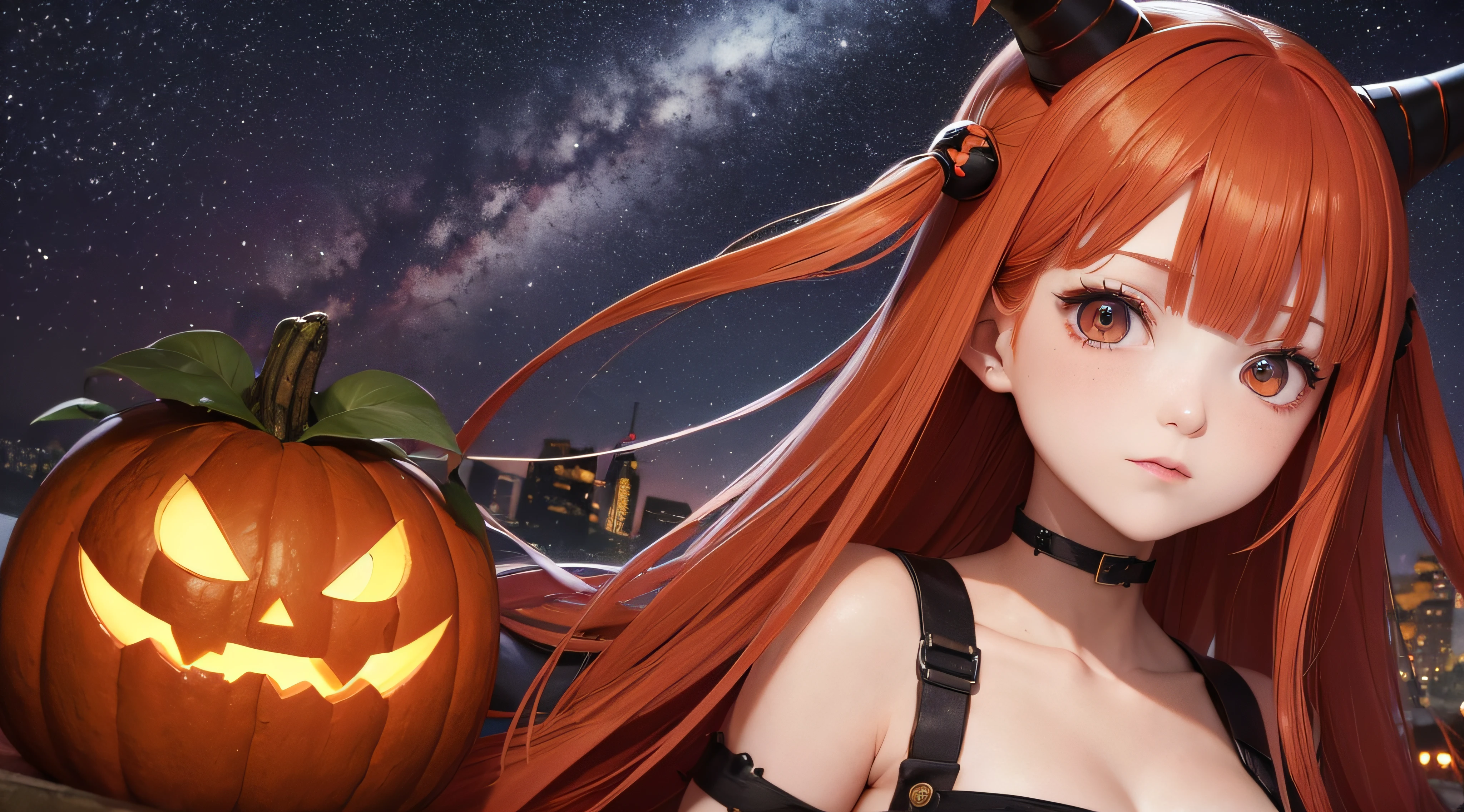 (obra prima) (perfection) (ULTRARREALISTA) (sem defeitos) Red-haired anime girl with horns on her head, 30 anos de idade, badass, Atmosfera de Halloween, Aboboras, triste, sangue, sangrar, castelo, noite, pouca luz, morcegos, ULTRARREALISTA