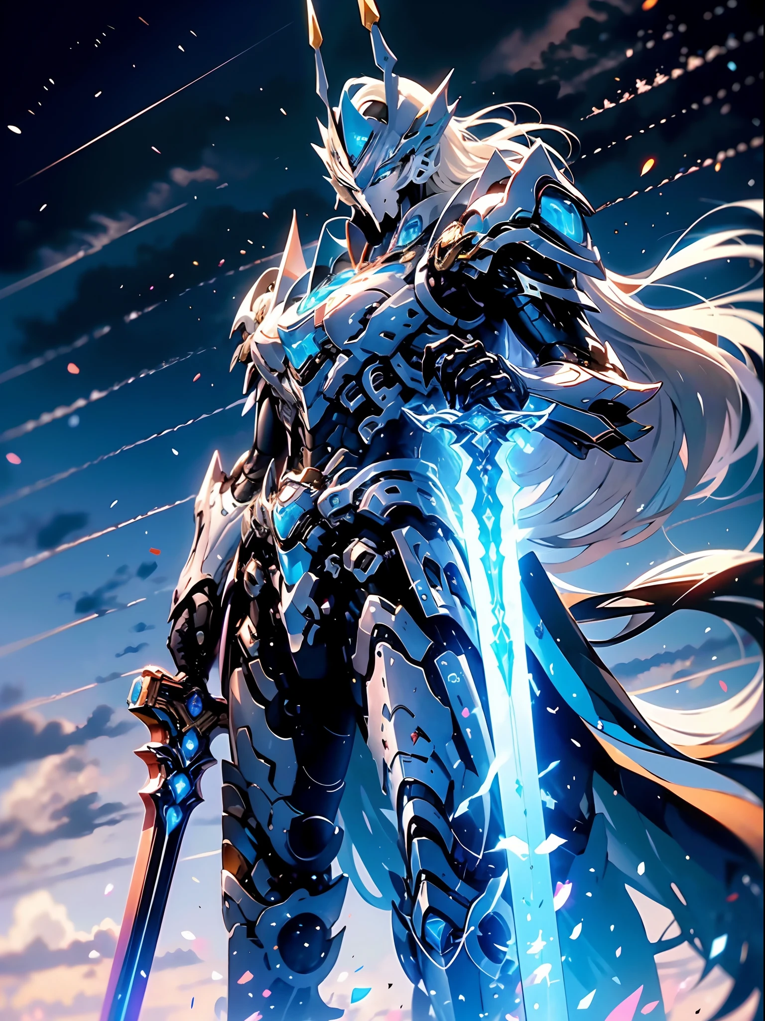 Super obra maestra, Mejor calidad, alta calidad, (Un futurista:1.1), (1 Paladin armado con 1 solo sable de luz rosa, magia de luz rosa, divino, cuerpo completo , cinematography lighting, (Futuro exquisito), hermoso y hermoso, Ultra-detallado, amazing composition, flotante, Profundidad de campos, (CG muy detallado,Fondo de pantalla de Unity 8k), (Hermoso fondo galactico), Hermosos detalles de cabello largo, dramatic ligths, Mecha,Mejor calidad,超A high resolution,fotorrealista
