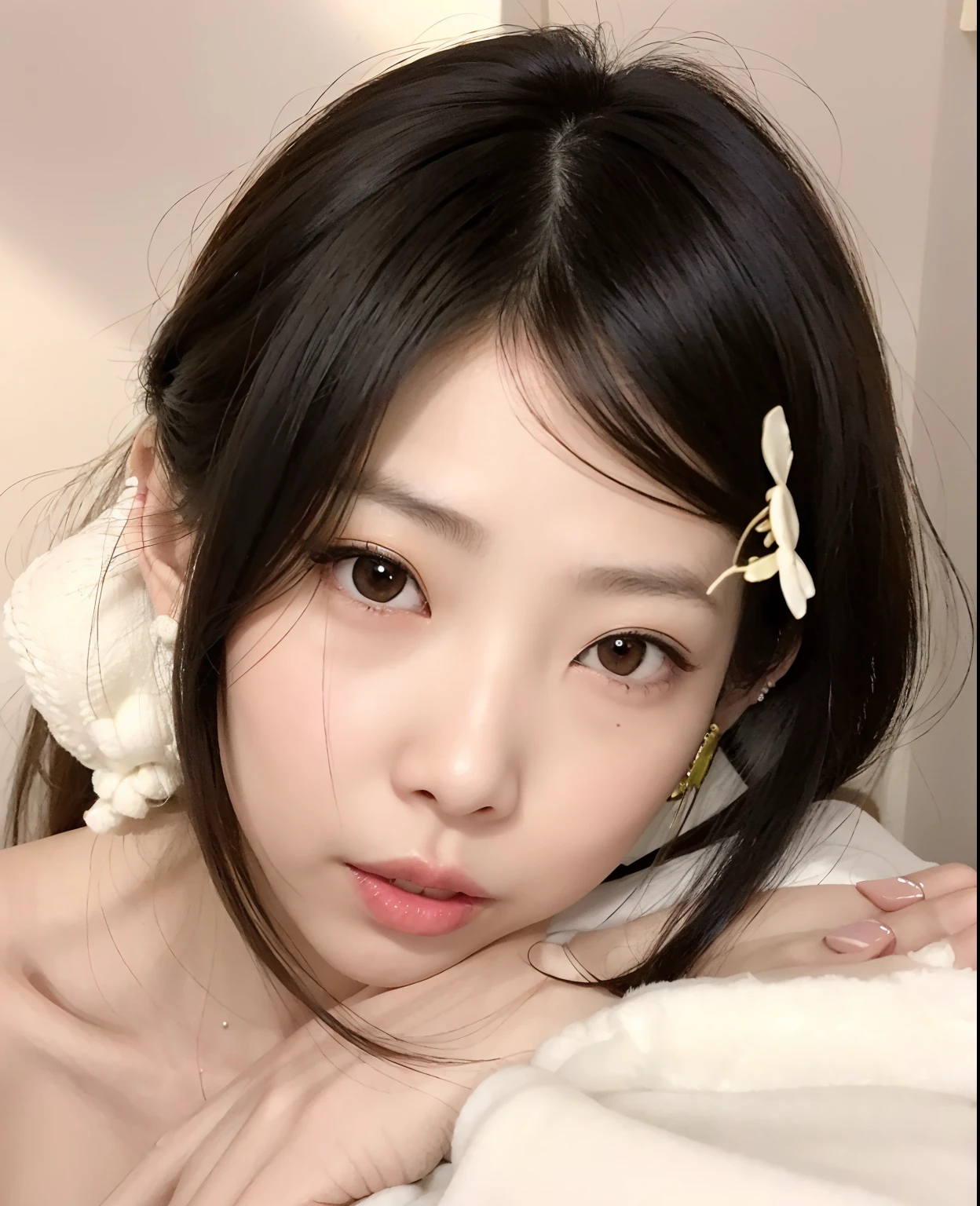 There's a woman with a hairpin on her head, Shikami, Chiho, Kotegawa Yui, Shiori Teshirogi, Kimi Takemura, O corte Hime, com bonito - fino - rosto, young cute wan asian face, Sui Ishida com cabelo preto, Yoshitomo Nara