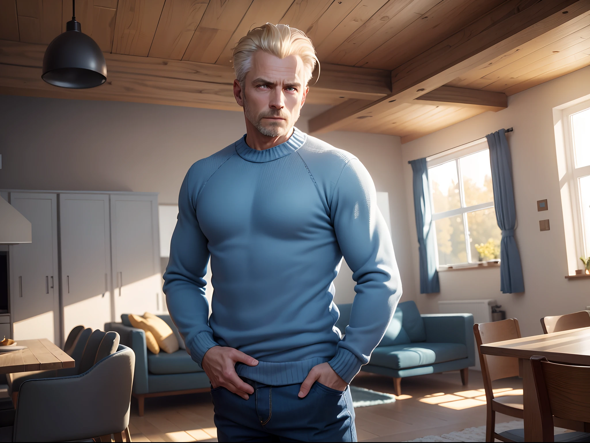 8K realistic image of a 42 year old man, short, neatly combed blonde hair, condescending expression, dressed in a blue sweater and blue pants, Standing in a living room, German house, winter morning, anime style art