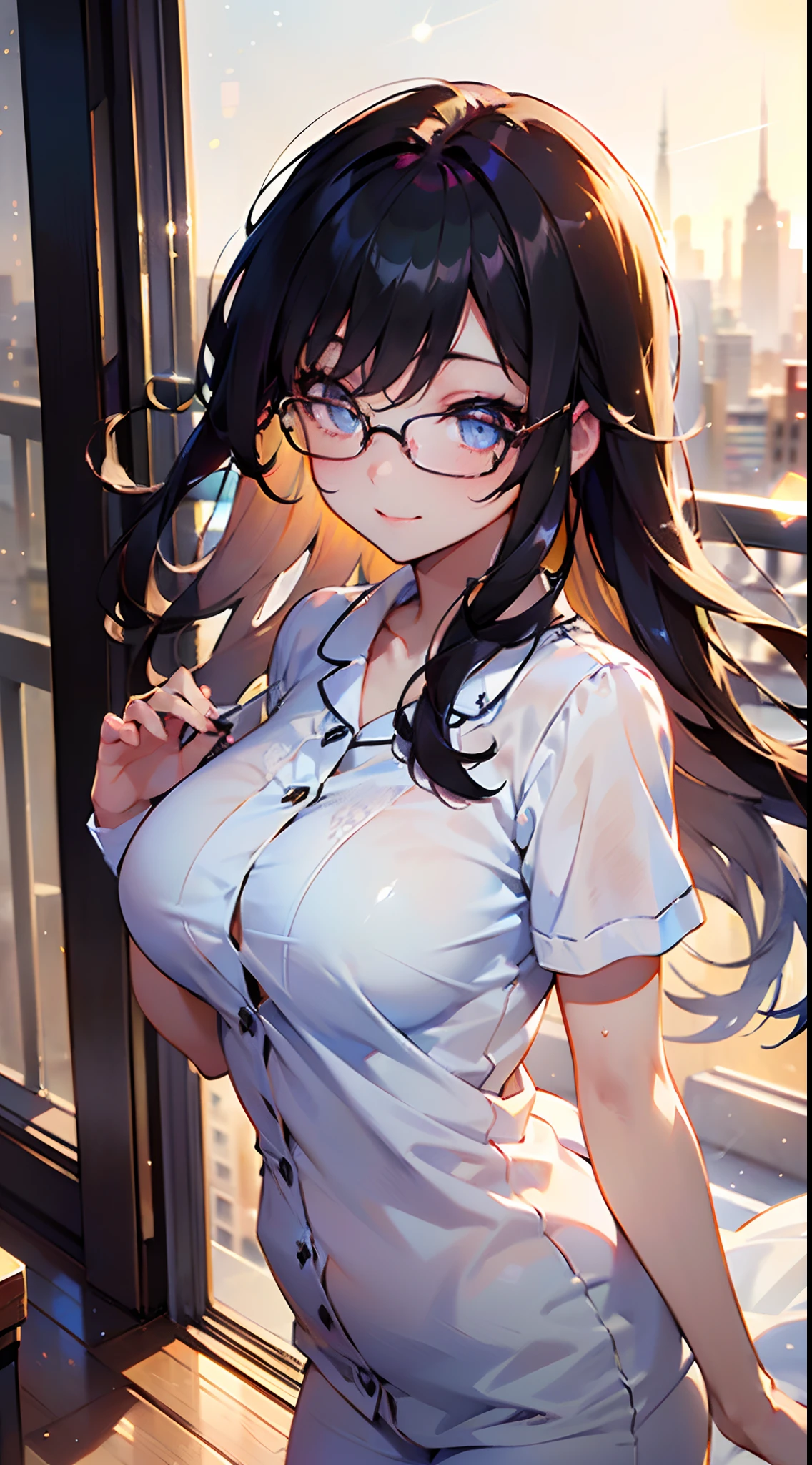 absurdres, highres, (ultra detailed:1.1), (1 girl:1.3), watercolor style, (soft blending:1.4), (dreamy washes:1.4), (delicate textures:1.4, BREAK (bokeh photography:1.3), soft focus, out-of-focus highlights, dreamy ambiance, mesmerizing depth, blurred edges, dynamic angle, more_details:1.5, ((masterpiece)), ((best quality)), (ultra-detailed), ((kawaii)), cute, (lovely), ((sexy)), (ero), ((extremely detailed)), 4K, (8K), best quality, (beautiful), anime style, upper body, focus on the face, full body focus, in the room, ((on the balcony)), morning, a cute girl, 1girl, solo, pajama, beautiful brown hair, beautiful purple eyes, ((beautiful eyes with highlights:1.2)), white-skinned, long hair, transparent hair, translucent hair, large breast, glasses, light smile, lens flare, wind effect, shiny-glistening, gleaming, reflection effect