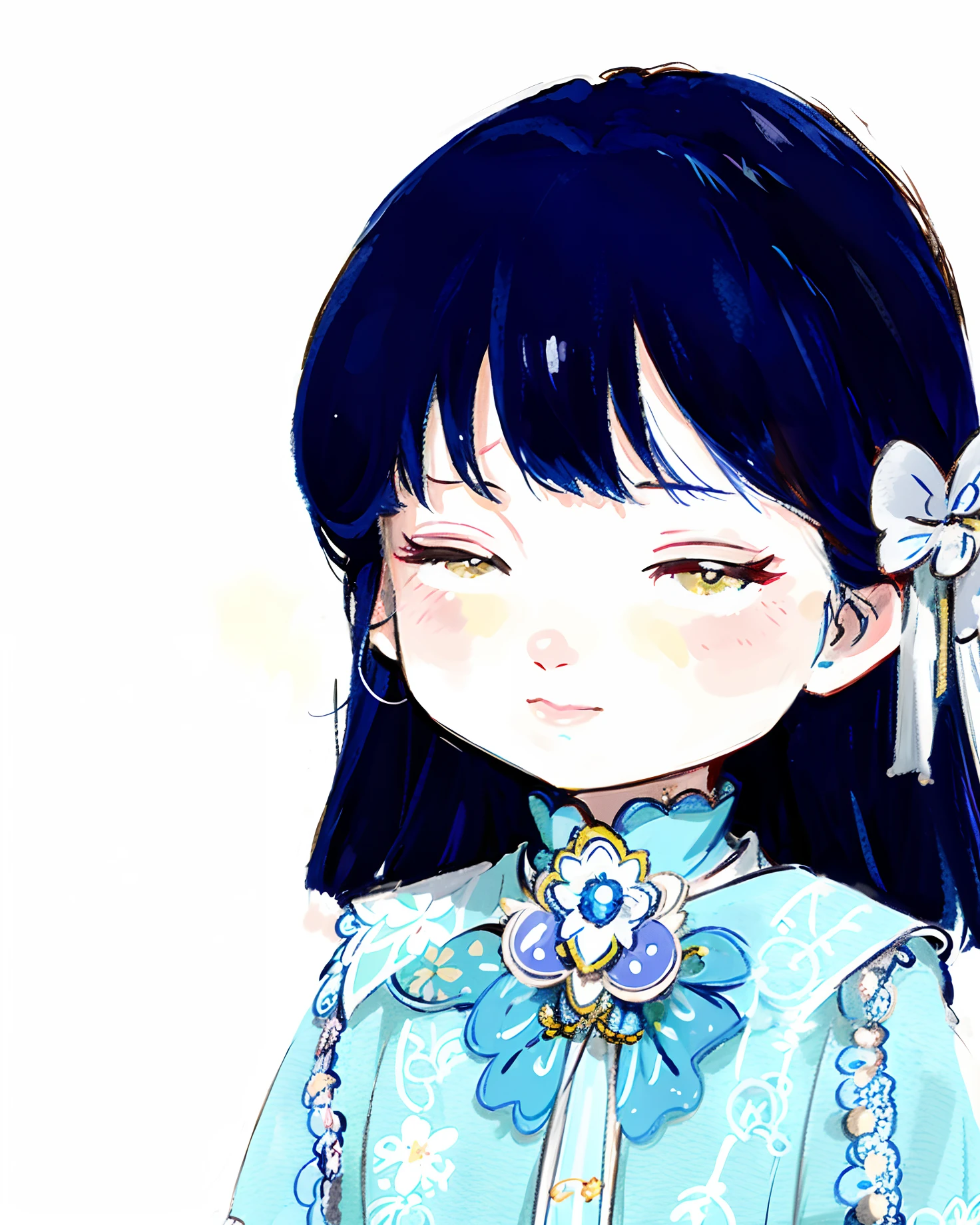 anime com cabelo preto e blusa azul com flor branca, kawaii retrato realista, Loli, tem cabelo preto com franja, No estilo de arte de Bowater, visual anime de uma menina bonnspirado em Ma Yuanyu, menina pequena Loft anime illusion, menina kawaii bonito, animartstyle, ;boca aberta
