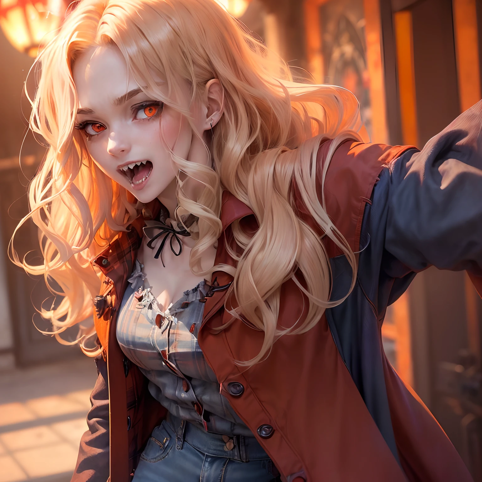 Extremely detailed masterpiece image of (((((One person))))) Blonde, vampiric adult female (about 19) with ((medium length flowy messy wavy hair which is over their shoulders,)) ((opening mouth to show long Sharp vampiric fangs,)) ((Beautiful, Blood crimson red glowing eyes)), ((wearing an orange fall-themed plaid jacket and a normal pair of blue jeans.)) (((Only one person in photo))) ((1 Person))