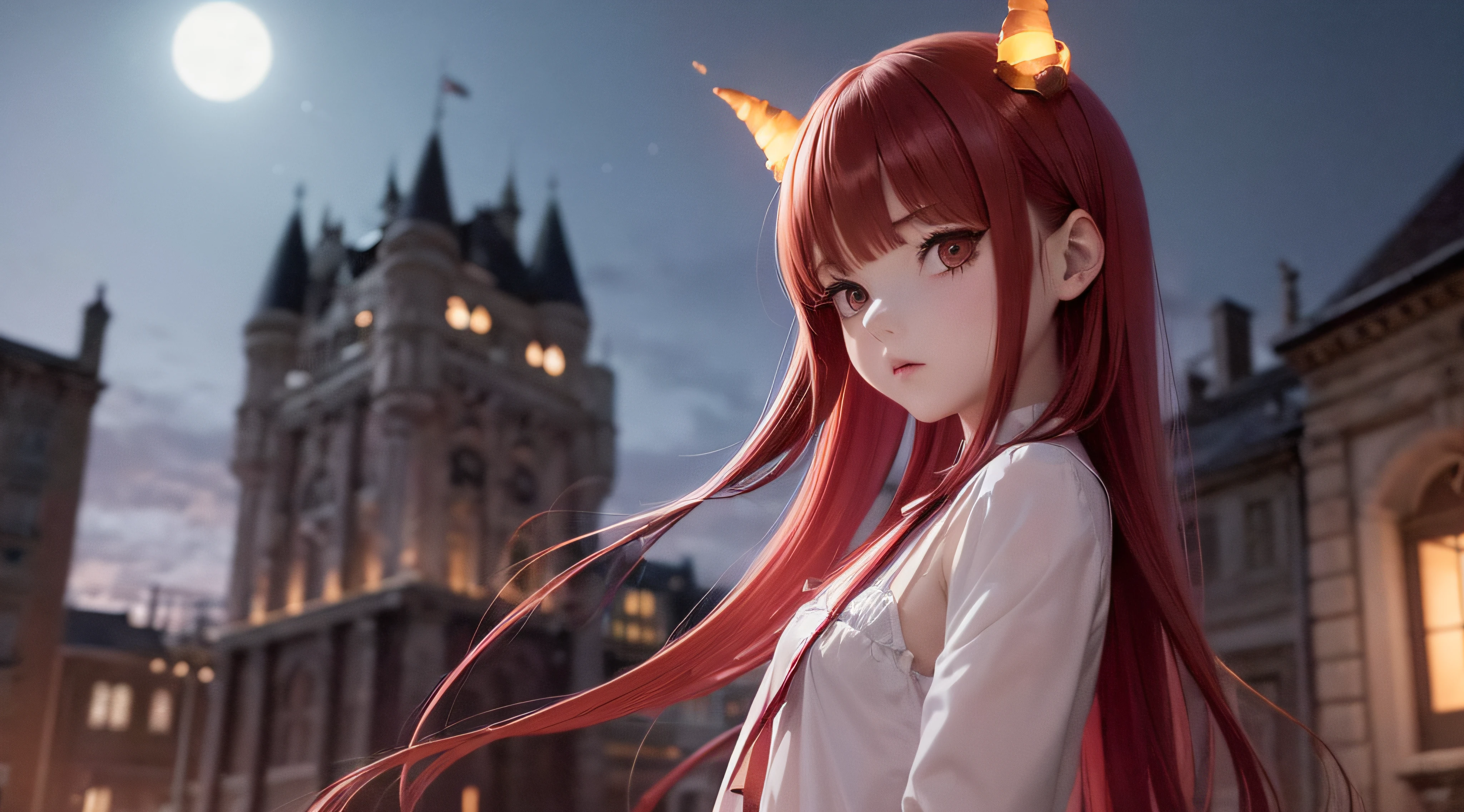 (obra prima) (perfection) (ULTRARREALISTA) (sem defeitos) Red-haired anime girl with horns on her head, 30 anos de idade, badass, Atmosfera de Halloween, Aboboras, triste, sangue, sangrar, castelo, noite, pouca luz, morcegos, ULTRARREALISTA