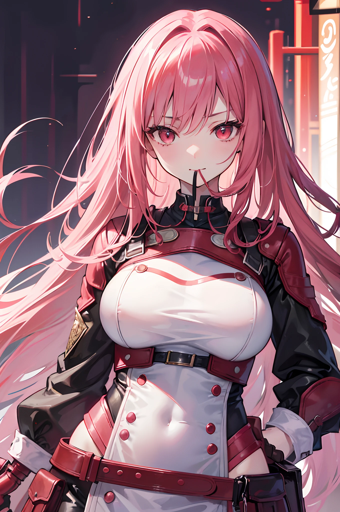 detailed realistic face, mouth with a half-smile, Dominant view, gaze at the viewer, A detailed eye, red-eyes, Detailed Pink Flowing Hair, leather suit, a 1girl, Adult girl, Full-length, Average Breasts, Random background, Random ultra-detailed background
