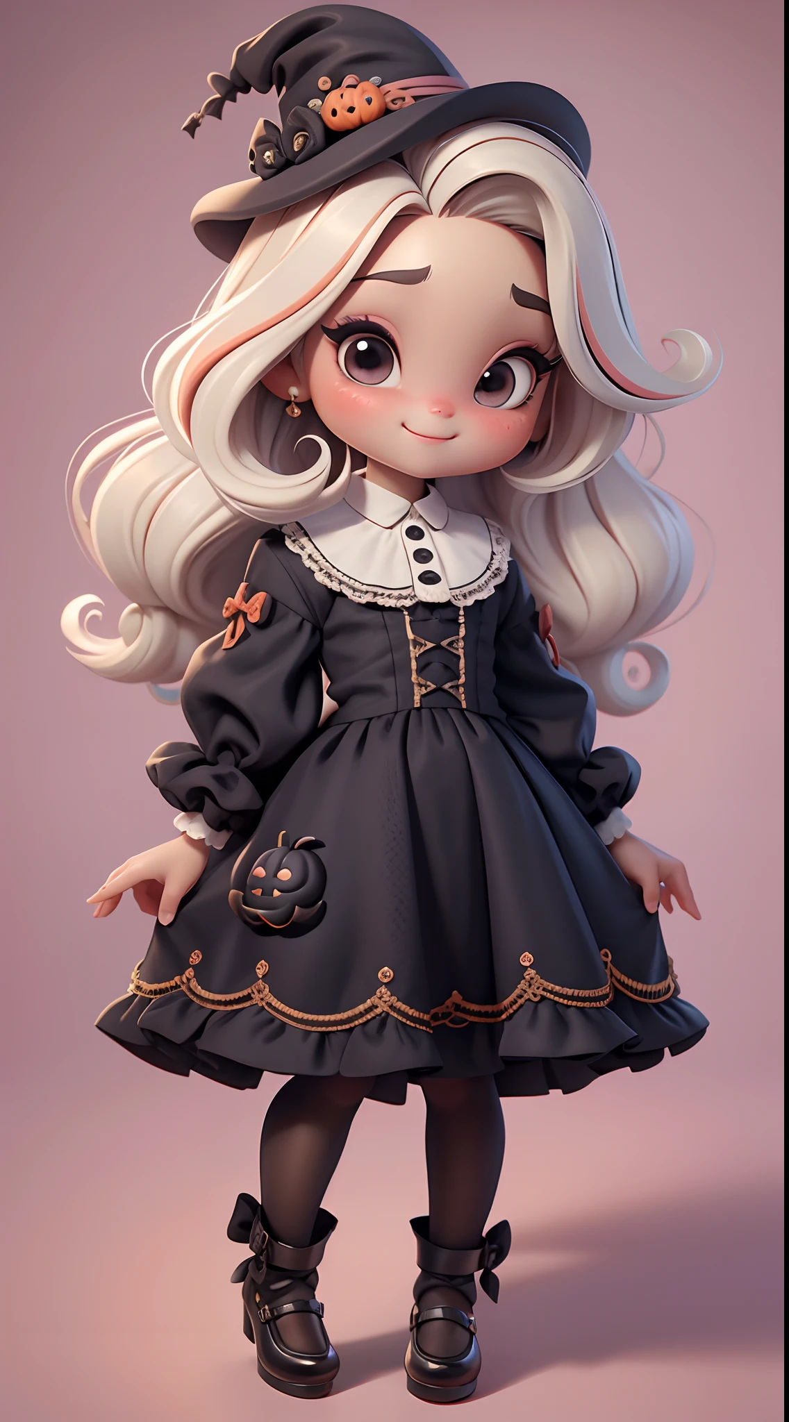 Create a series of cute black chibi style dolls with a cute halloween theme, each with lots of detail and in an 8K resolution. All dolls should follow the same solid background pattern and be complete in the image, mostrando o (corpo inteiro, incluindo as pernas: 1.5)

Boneca Mini halloween: Chame-a de Marina. Ela deve ter cabelo pequeno em tom multicolorido. Seus olhos devem ser grandes e expressivos, with long eyelashes and rosy cheeks. Sorriso delicado e branco. Marina deve estar vestida de vestido, an ornate hat. She should bring halloween accessories. Certifique-se de adicionar detalhes nas roupas, such as buttons and pockets, sapato bonito

Certifique-se de adicionar sombras, texturas e detalhes nos cabelos, roupas, Halloween utensils, to make them even more adorable and charming.