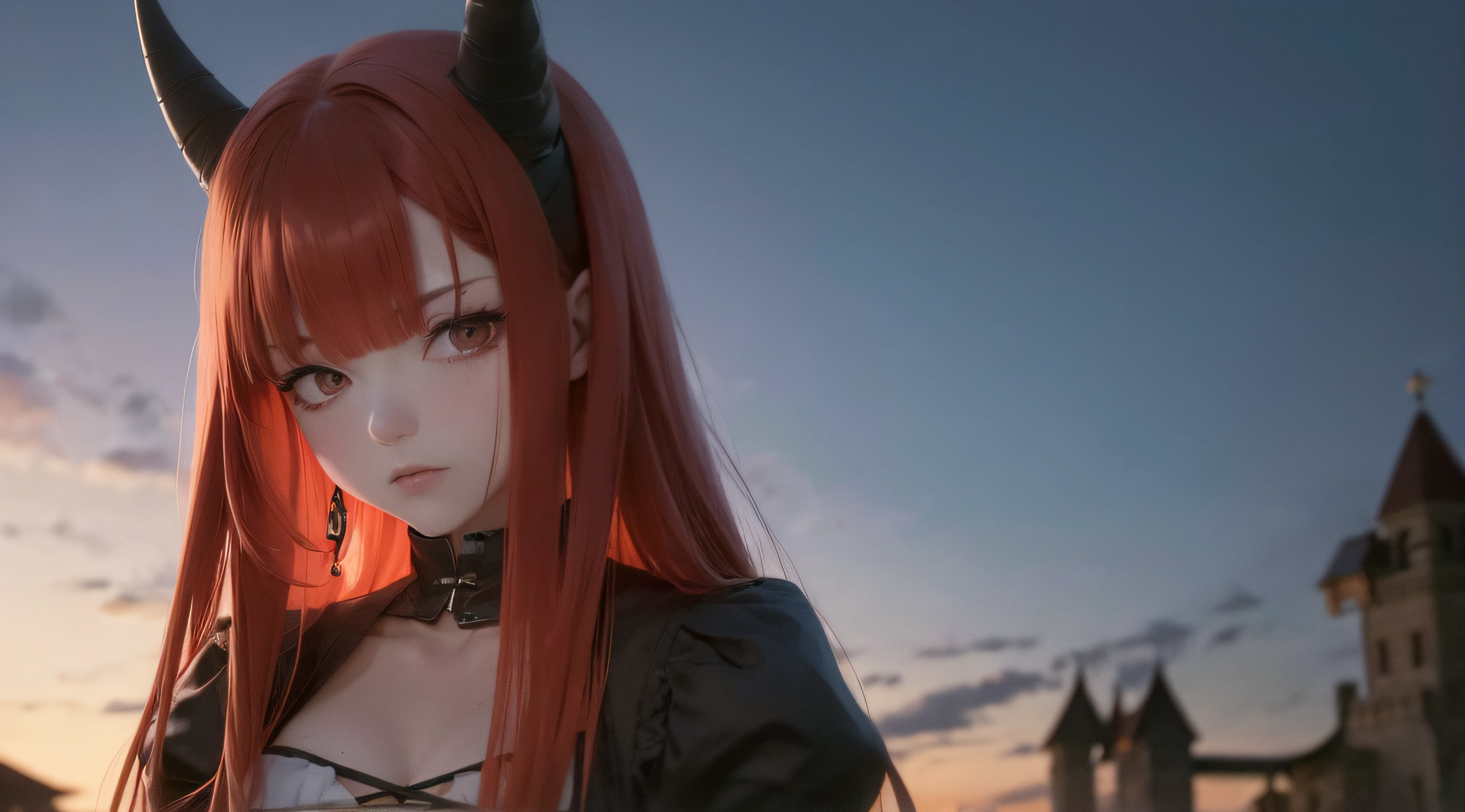 (obra prima) (perfection) (ULTRARREALISTA) (sem defeitos) Red-haired anime girl with horns on her head, 30 anos de idade, badass, Atmosfera de Halloween, Aboboras, triste, sangue, sangrar, castelo, noite, pouca luz, morcegos, ULTRARREALISTA