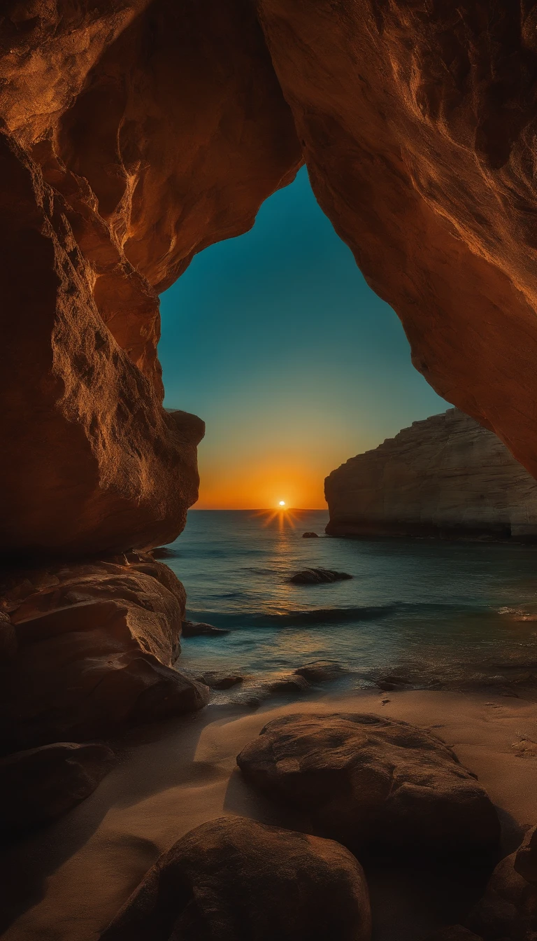 Very beautiful Caucasian
girl in cavern with sea view