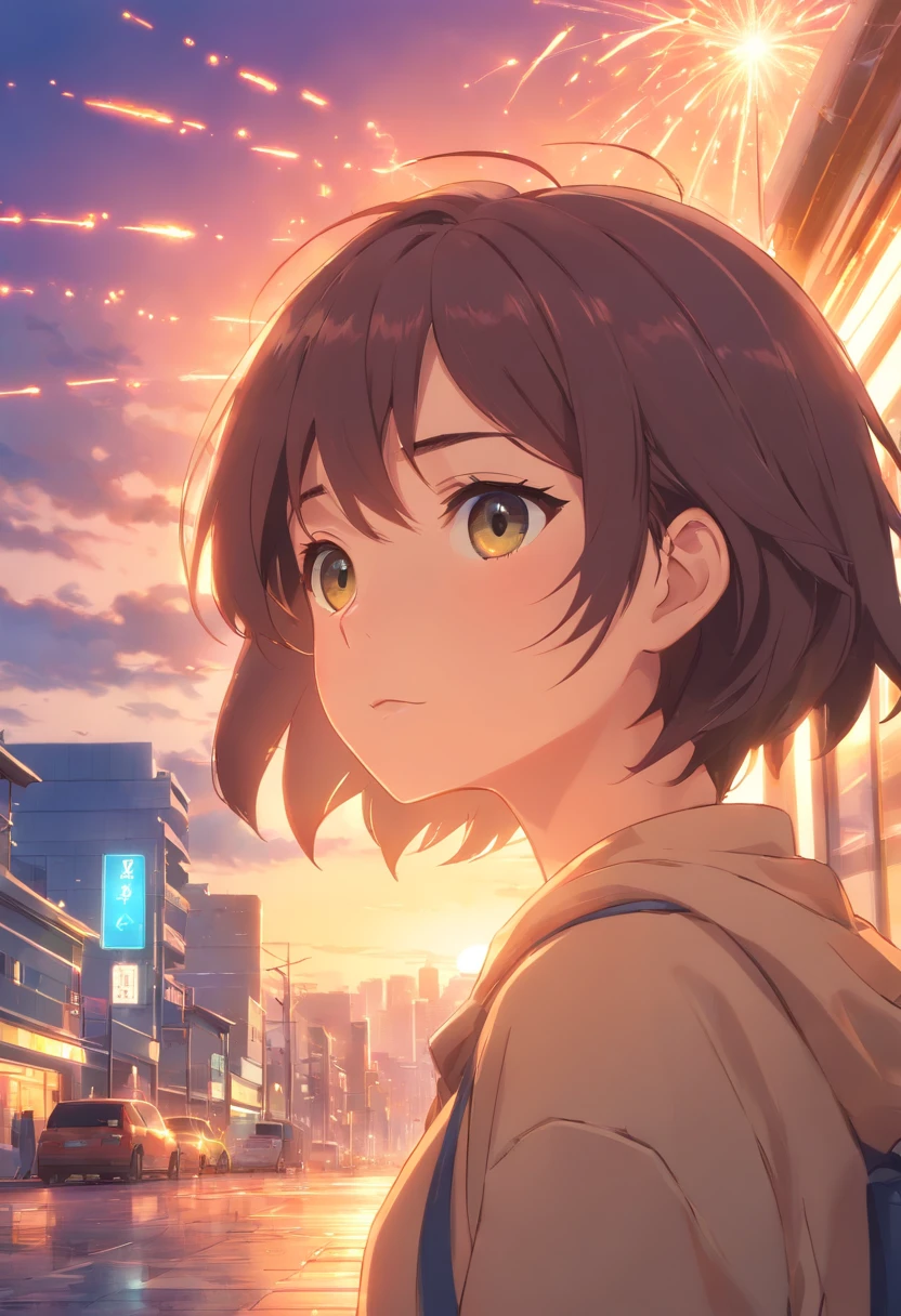 obra-prima, melhor qualidade, filme ainda, 1boy, garoto andando, Looking distracted, close-up, brilhante, feliz, warm ilumination, sun sunset, (Sparks: 0,7)