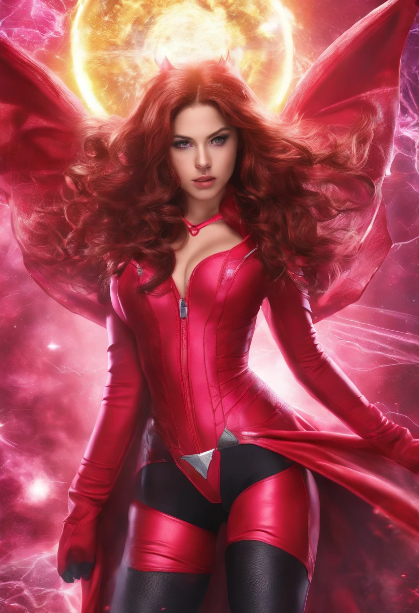 front view, brunette 18 yo exotic girl with dark eyeliner and eyeshadow, wearing (red high cut playboy bunny micro-bodysuit with hot pink pantyhose), deep cameltoe, red stiletto gogo boots, red gloves, long pvc red shrug cape, long dark hair and cape blowing wildly, both arms hands pointing directly at the camera, cosmic jack kirby kirby-crackle effect background, scarlet witch cosplay