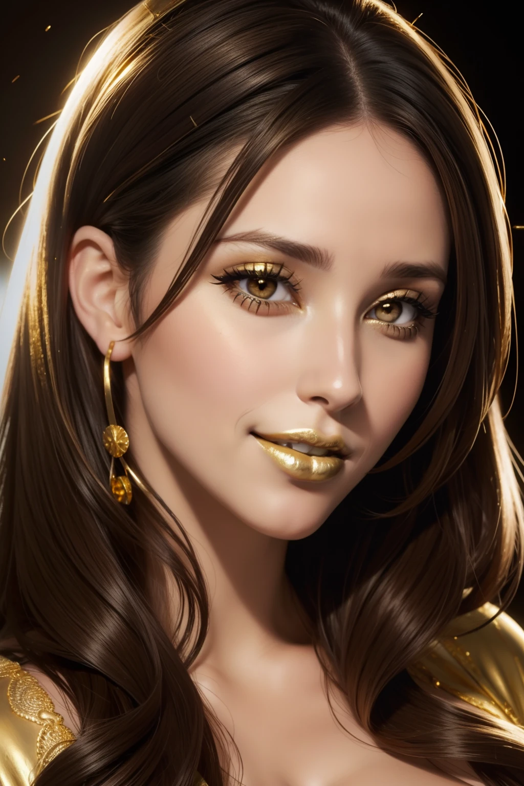 lucy pinder, face portrait, beautiful face, smiling, ((very intense makeup)), ((Gold lipstick)), ponytail, voluptuous woman, cleavage, ariana grande