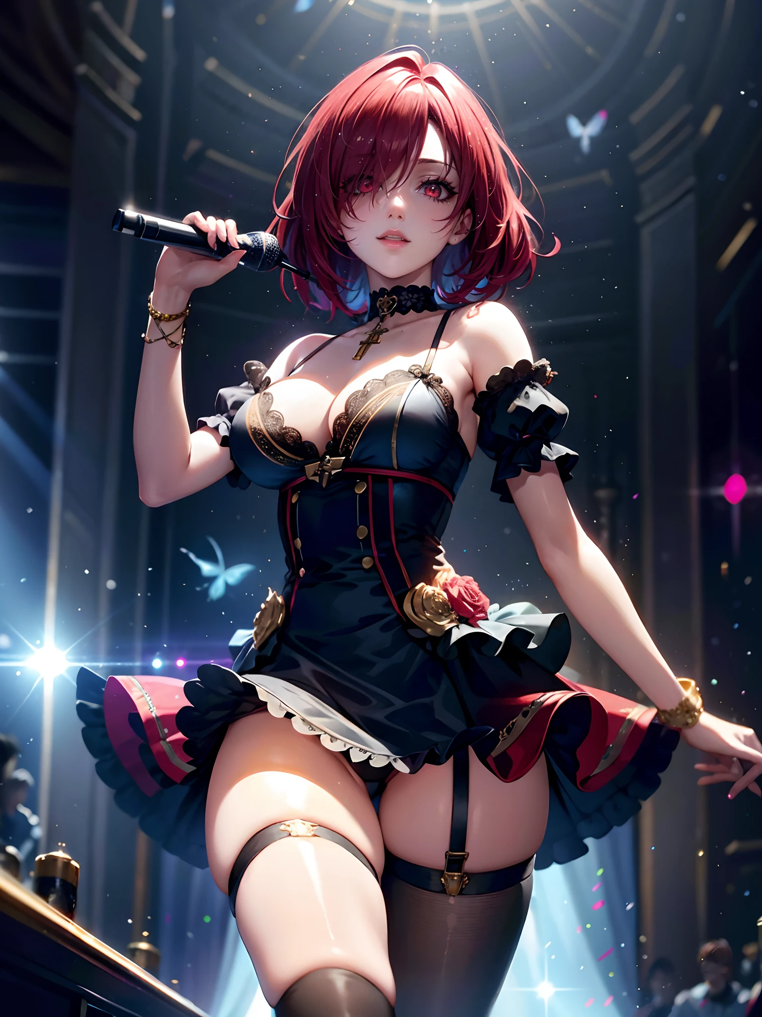 Illustration, movie light, high resolution, best quality, ultra detailed, detailed face, (detailed eyes), highest quality, super detail, masterpiece, (detailed face), pretty face, best smile, sexy mature woman, big breast, transparent (ta fashion: 1.5) cloth, ultra detailed embroidery, floating cloth, see-through, choker, open cross, high heels, red eyes, neon small shiny hair ends, D cups, cleavage, AI fantasy concert, glowing lighting with neon details, (singing holding the microphone with left hand: 15), Singing with butt sticking out: 5, Idol, (Live stage: 1.15) To the packed audience in the background, reflection of light, open shoulders, small glowing butterflies, adult woman, hair over one eye, red hair, gray eyes