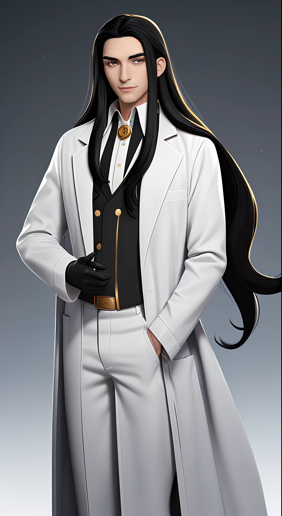 A male scientist with long black hair wearing a white coat with gold details