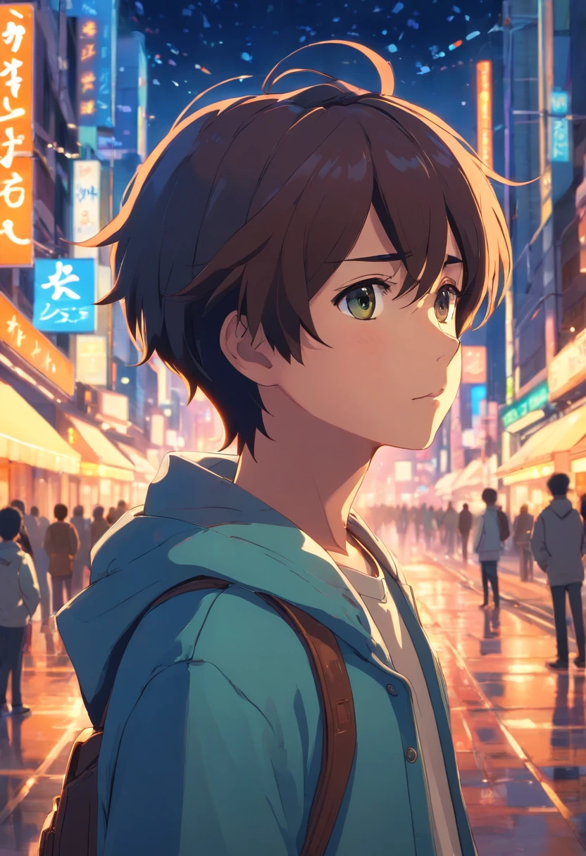 obra-prima, melhor qualidade, movie, boy, Boy as main protagonist, Looking distracted, close-up, At night, with the city lights vibrating, cold ilumination, sun sunset, (Sparks: 0,7)