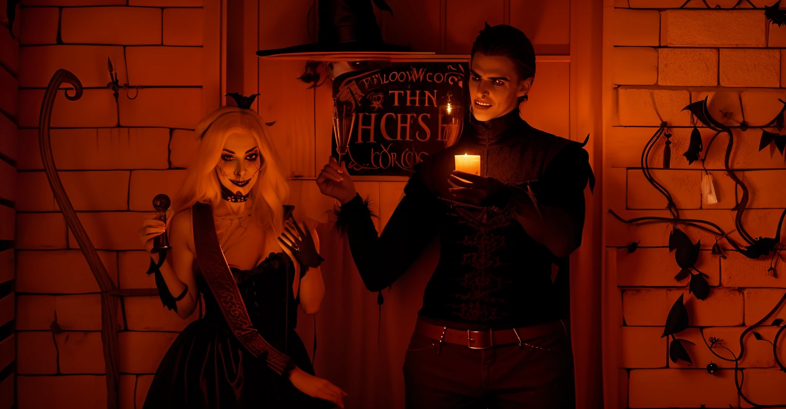 there is a man and woman dressed up in halloween costumes, guy with ghoul face, shirtless, halloween atmosphere, scarry but bewitching, menacing!, witch hut, witch clothes, witchlight carnival, witchcraft!, witchy, casting a spell on a potion, home wicca scene