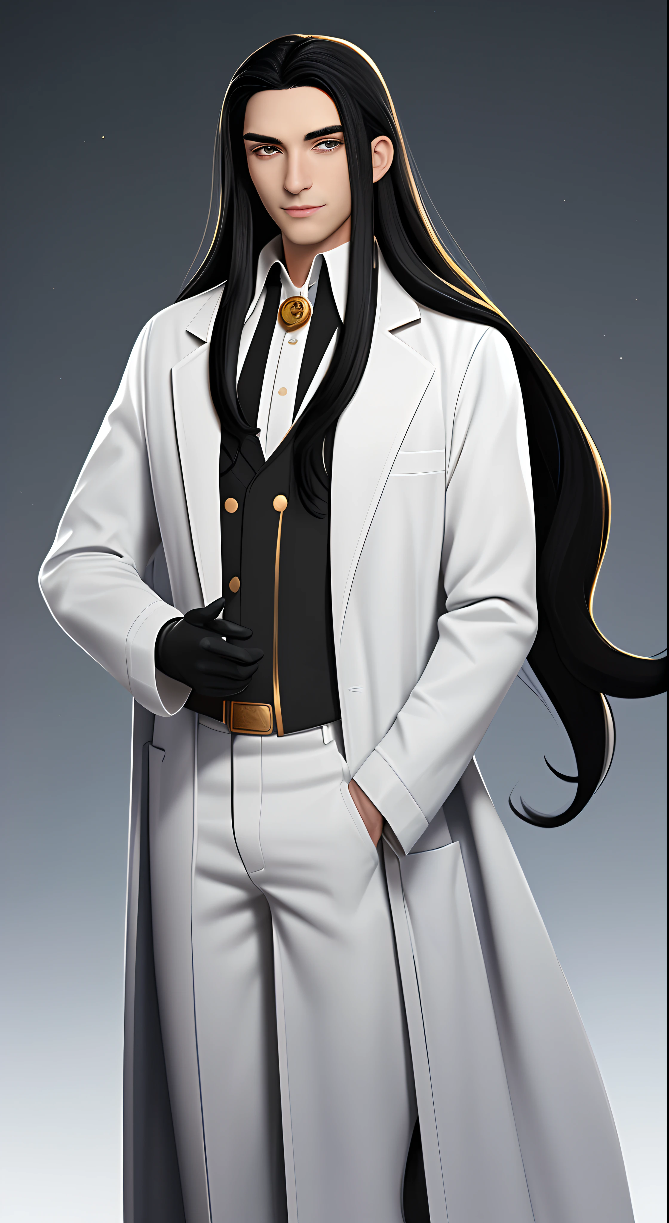 A male scientist with long black hair wearing a white coat with gold details