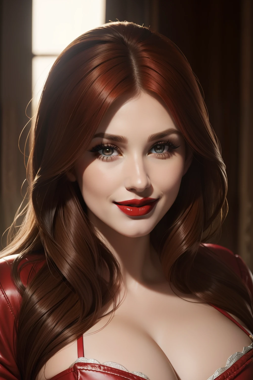 lucy pinder, face portrait, beautiful face, intense makeup, ((red lipstick)), smiling, Bryce dallas howard
