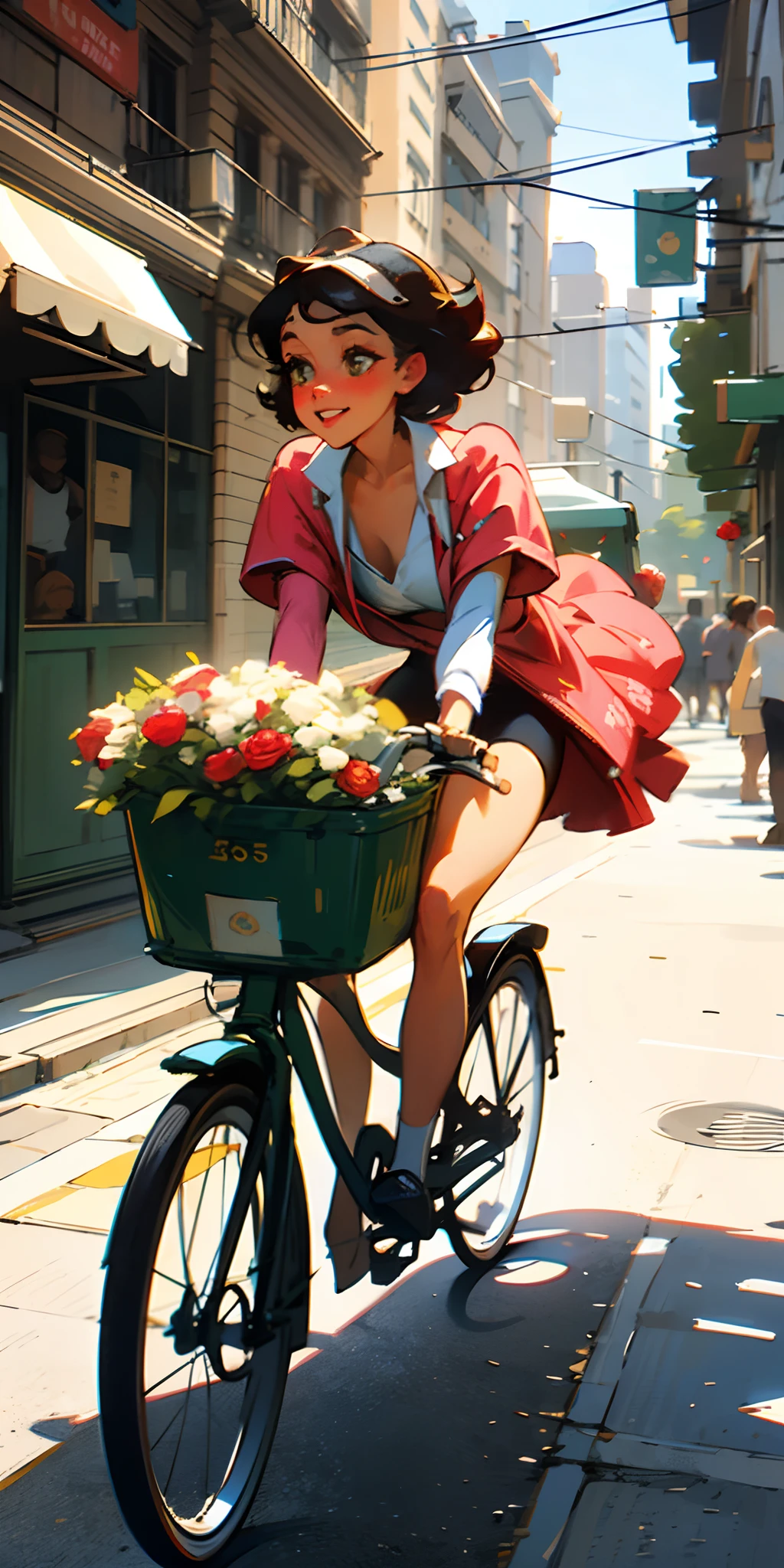 /imagine Chubby black girl, pin up style, illustration, vintage, 1950, riding a bicycle with baskets of flowers and street surrounded by roses