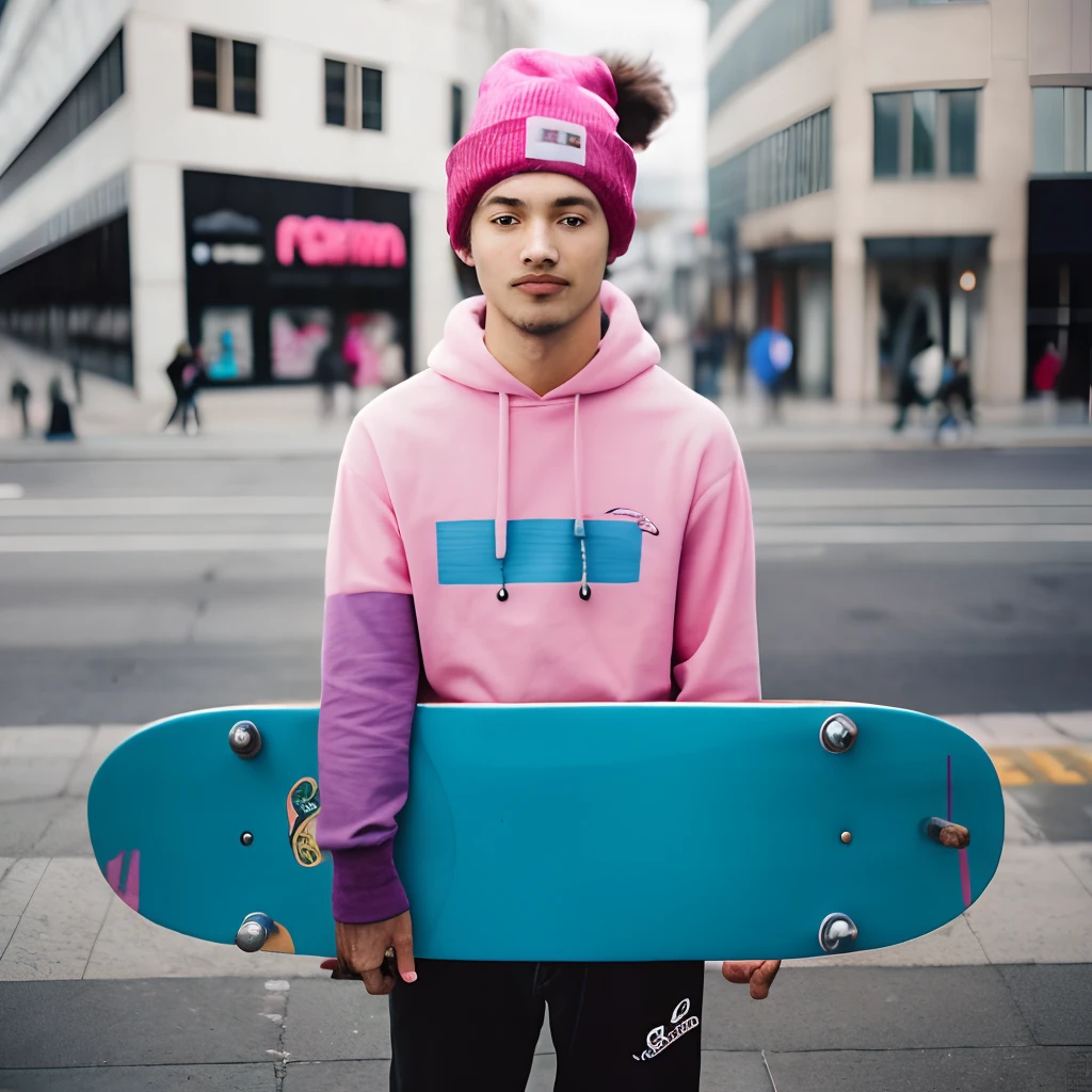 Beanie, man, pink, blue, skateboard