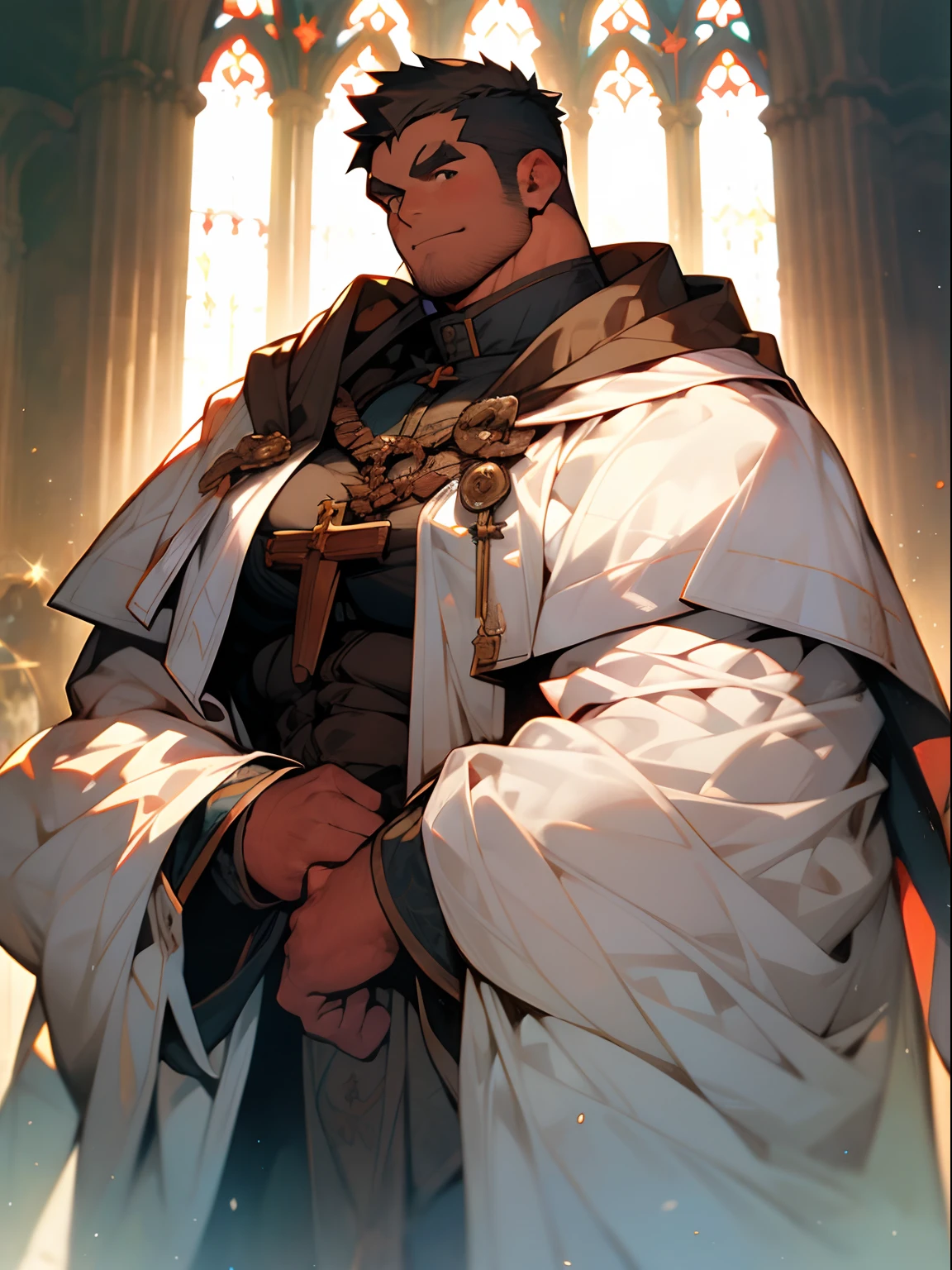 Extremely detailed, Detailed face, Detailed eyes, view full body, a sorceress , short-haired, Fat( Fat), well-muscled, Robe with hood, Background with(Holy Church)