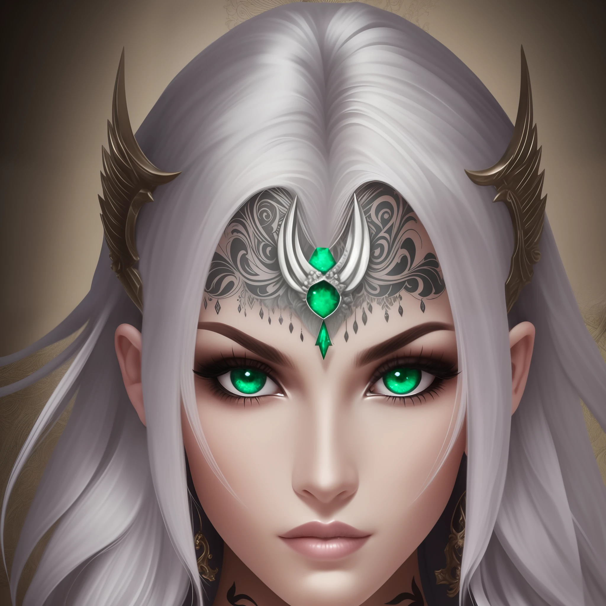 silver hair emerald eye warrior high warlock female tattoo high cheekbone strong expression angelic quality --auto --s2