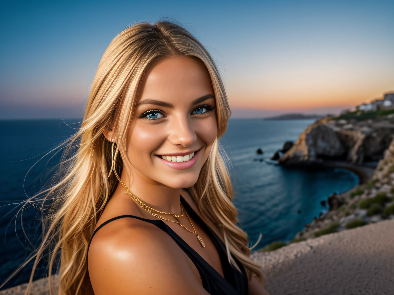 A stunning night picture of a beautiful 22 year young woman smiling, a swedish model with blue eyes and blonde long hair, wearing a black short dress that reveals her fit beautiful body and a neckles with a purple stone, she is in a club partying close to the Mediterranean sea, rocky islands on the background and white clouds. Canon eos 2000 d, outside, (skin texture:1.1), best quality, ultra high res, Raw photo, Nikon D850, backlight, rim light, golden hour, film grain:1.2, (warm hue, warm tone:1.2), (color photo), ce-girl