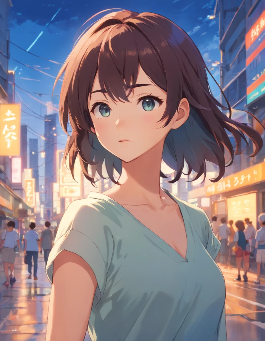 Meisterwerk, best quality, {best quality}, {{Meisterwerk}}, {hight resolution}, Brennpunkt, Anime-Stil, Nahaufnahme einer Karikatur einer Frau, Girl Design, portrait, Giesha, Anime-Bild, Lange Haare, schwarzes Haar, Gerader Blick, Haare, die die Ohren bedecken, Polierte und kraftvolle Optik, exotisch, hoch, Sommersprossen, heiter, Romantische Kleidung, bunt, Farben