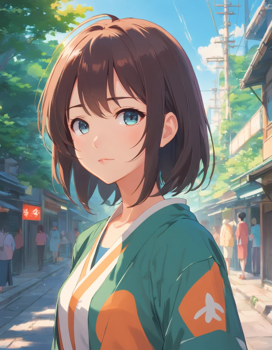 Meisterwerk, best quality, {best quality}, {{Meisterwerk}}, {hight resolution}, Brennpunkt, Anime-Stil, Nahaufnahme einer Karikatur einer Frau, Girl Design, portrait, Giesha, Anime-Bild, Lange Haare, schwarzes Haar, Gerader Blick, Haare, die die Ohren bedecken, Polierte und kraftvolle Optik, exotisch, hoch, Sommersprossen, heiter, Romantische Kleidung, bunt, Farben