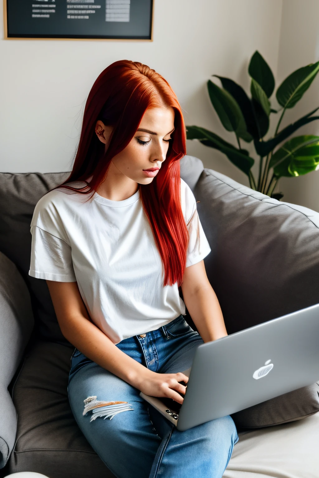 25 year old woman, pretty, stylish, red hair, blue eyes, sitting on her grey sofa, looking down at her LAPTOP, typing frantically on her LAPTOP, anxious, busy, cinematic, perfect body, perfect face, cinematic,dramatic,wearing ripped jeans, tee