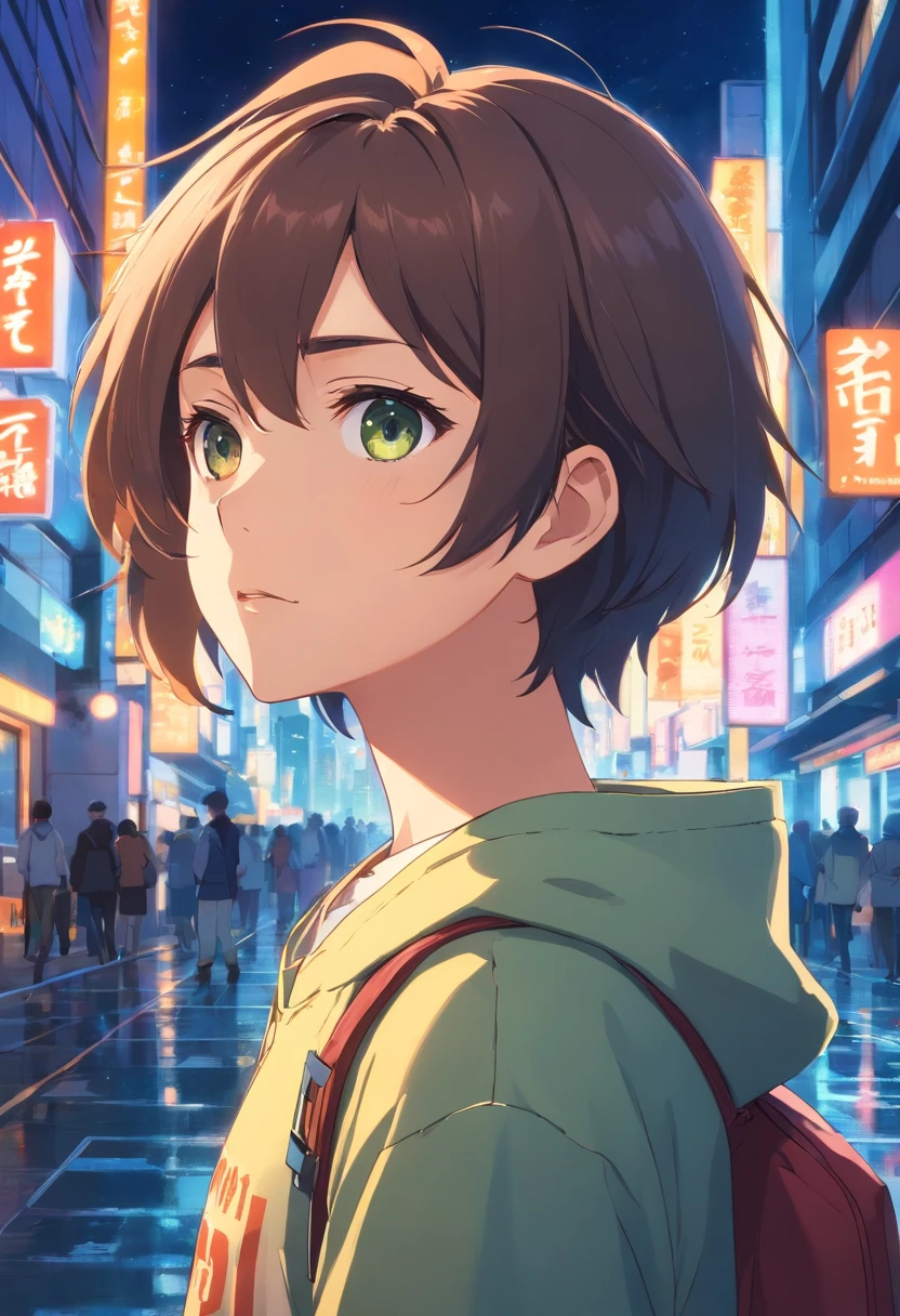 obra-prima, melhor qualidade, movie, boy, Boy as main protagonist, Looking distracted, close-up, At night, with the city lights vibrating, cold ilumination, sun sunset, Camera away from the character, shows the entire city and how the protagonist is alone. (Sparks: 0,7)