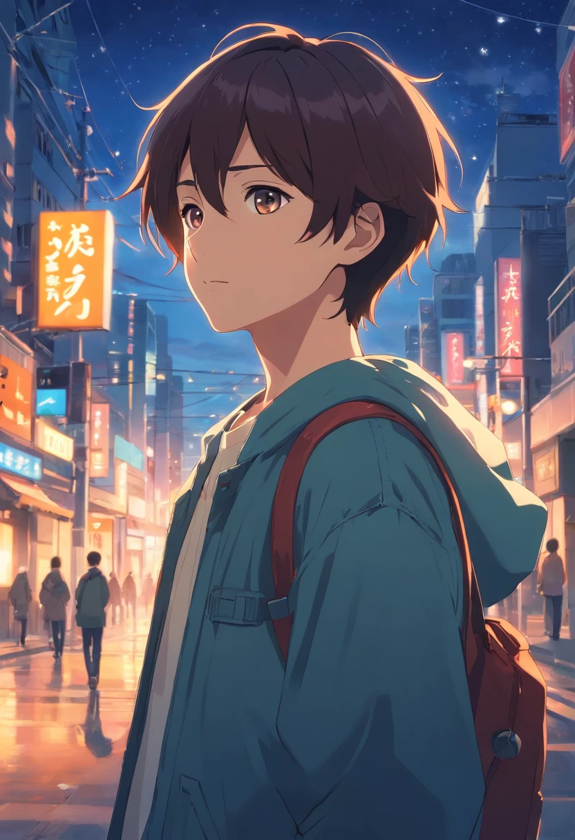 obra-prima, melhor qualidade, movie, boy, Boy as main protagonist, Looking distracted, close-up, At night, with the city lights vibrating, cold ilumination, sun sunset, Camera away from the character, shows the entire city and how the protagonist is alone. (Sparks: 0,7)